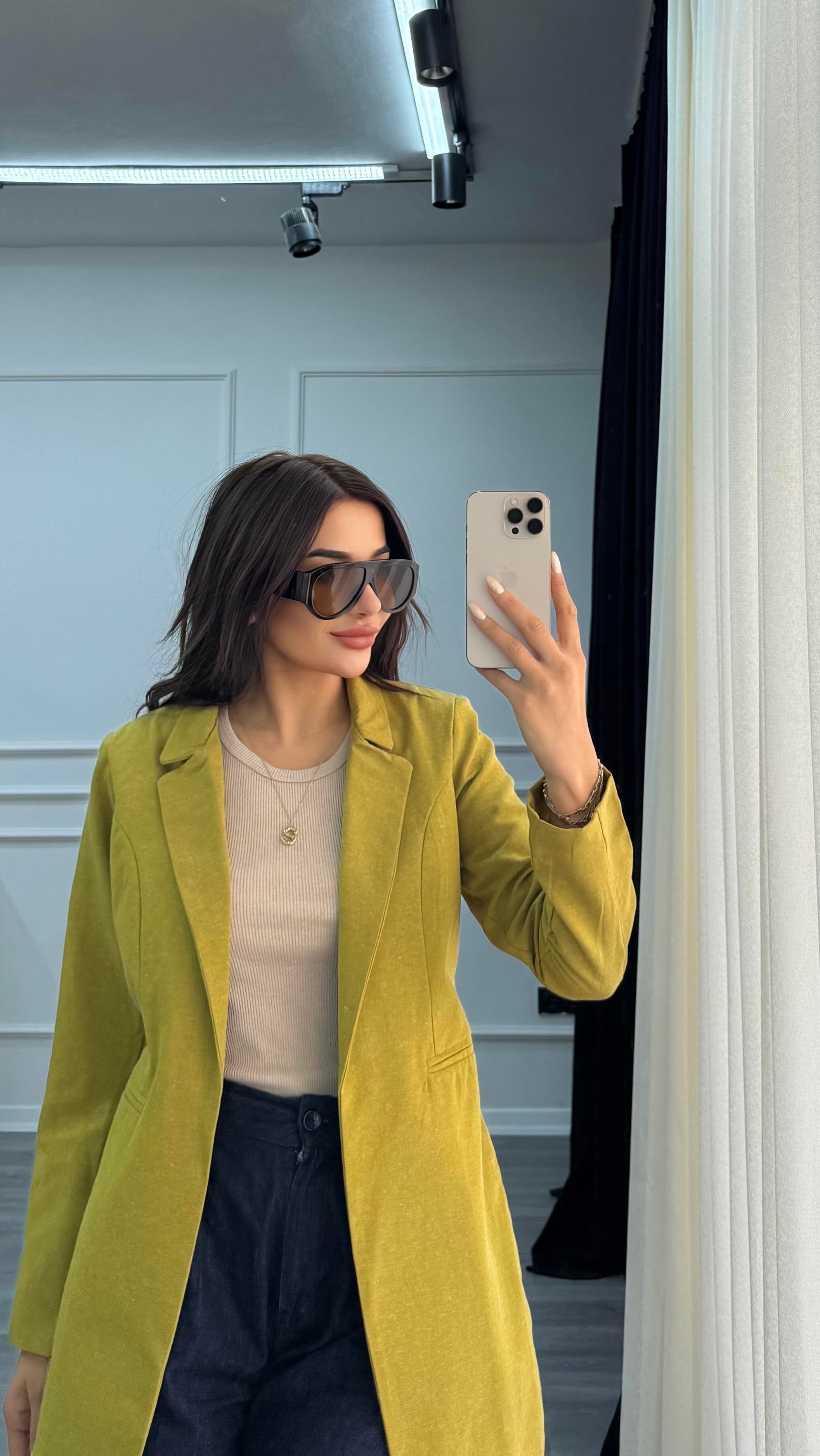 Yağ Yeşili Düğmesiz Keten Blazer Ceket