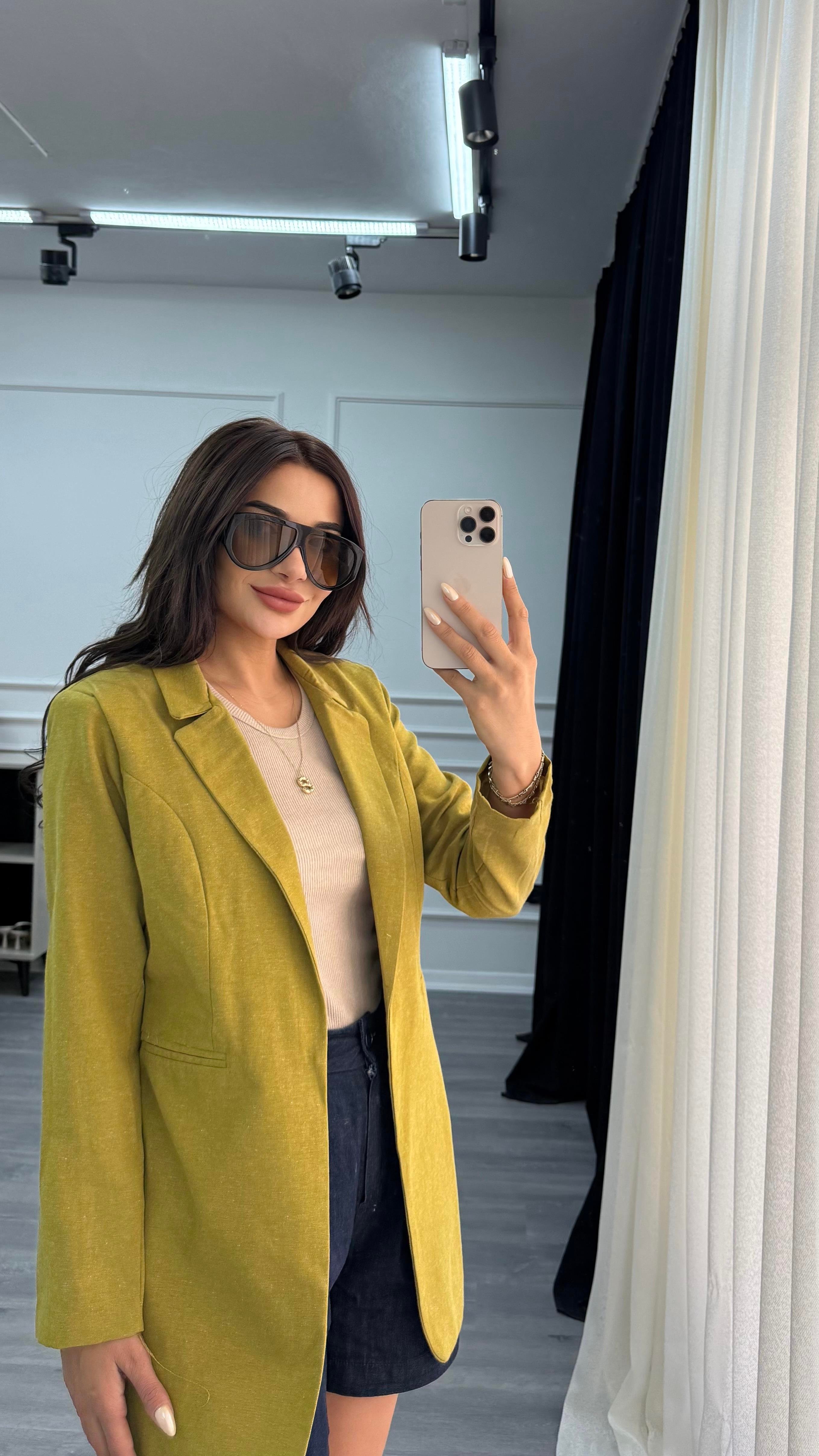 Yağ Yeşili Düğmesiz Keten Blazer Ceket