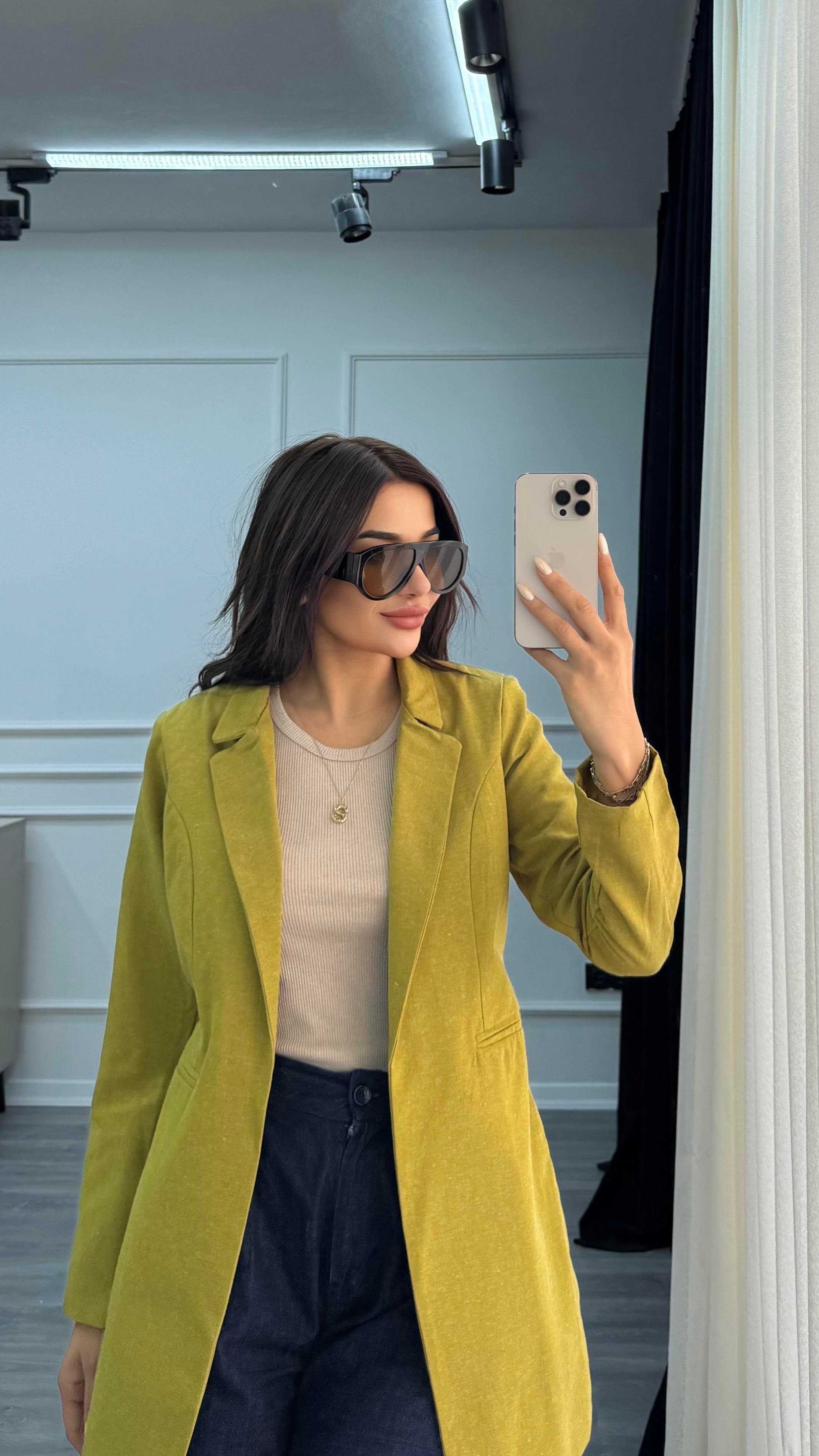 Yağ Yeşili Düğmesiz Keten Blazer Ceket