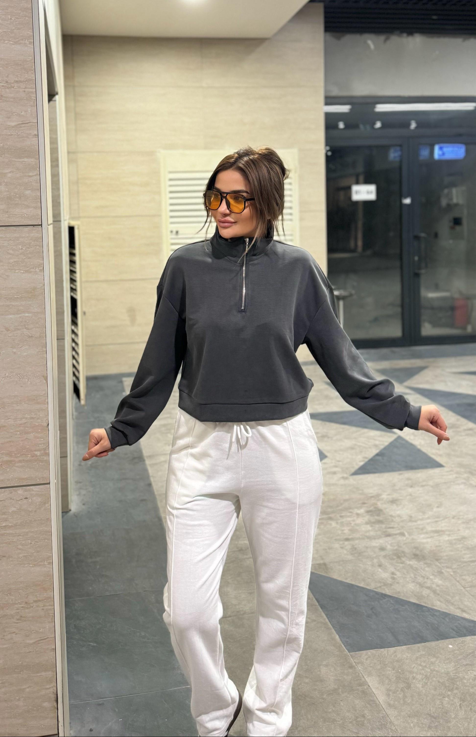 Yarım Fermuarlı Sweatshirt Uzun Kol -Antrasit