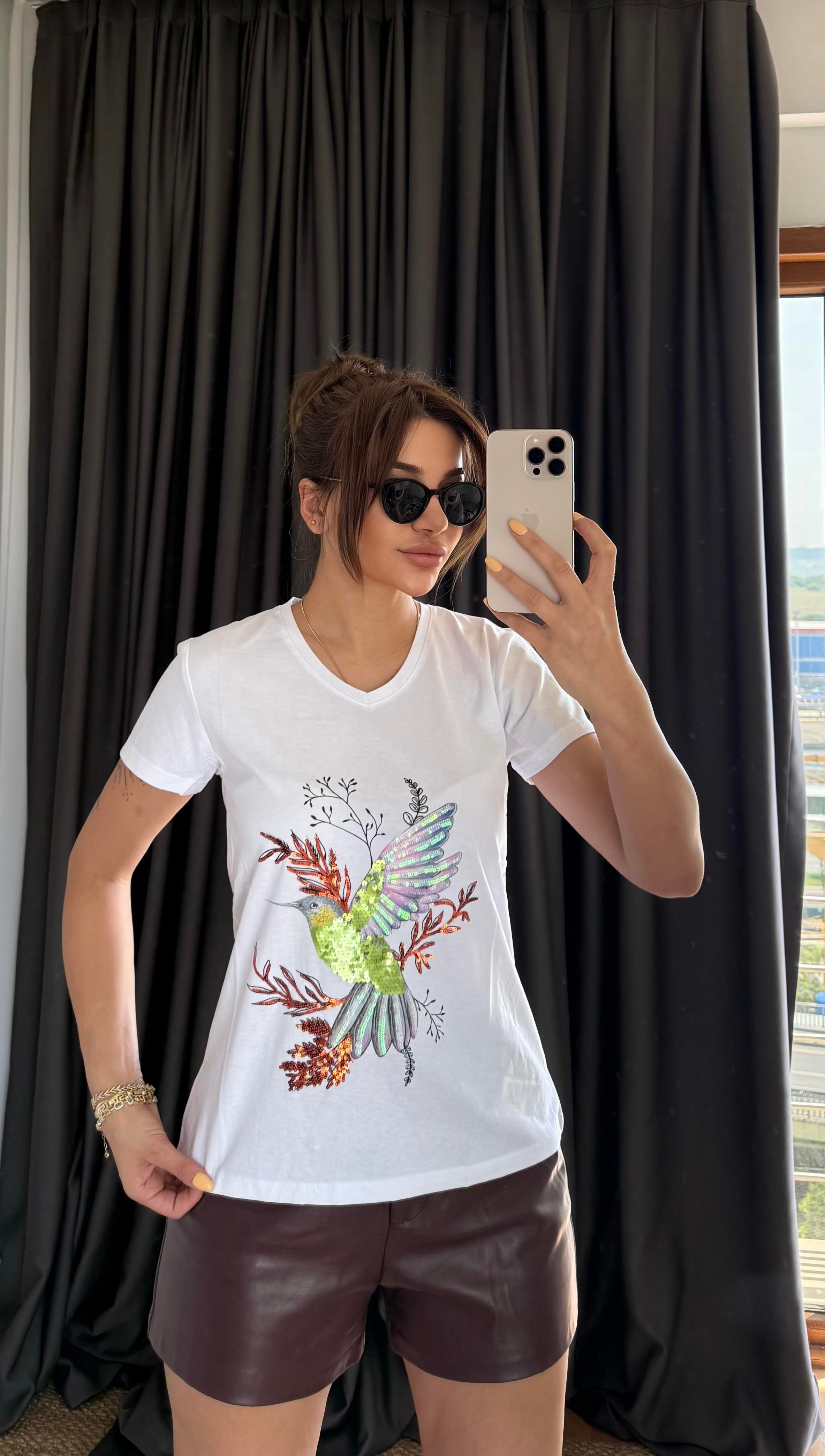 Yeni Sezon %100 Pamuk T-shirt-Kuş Işlemeli