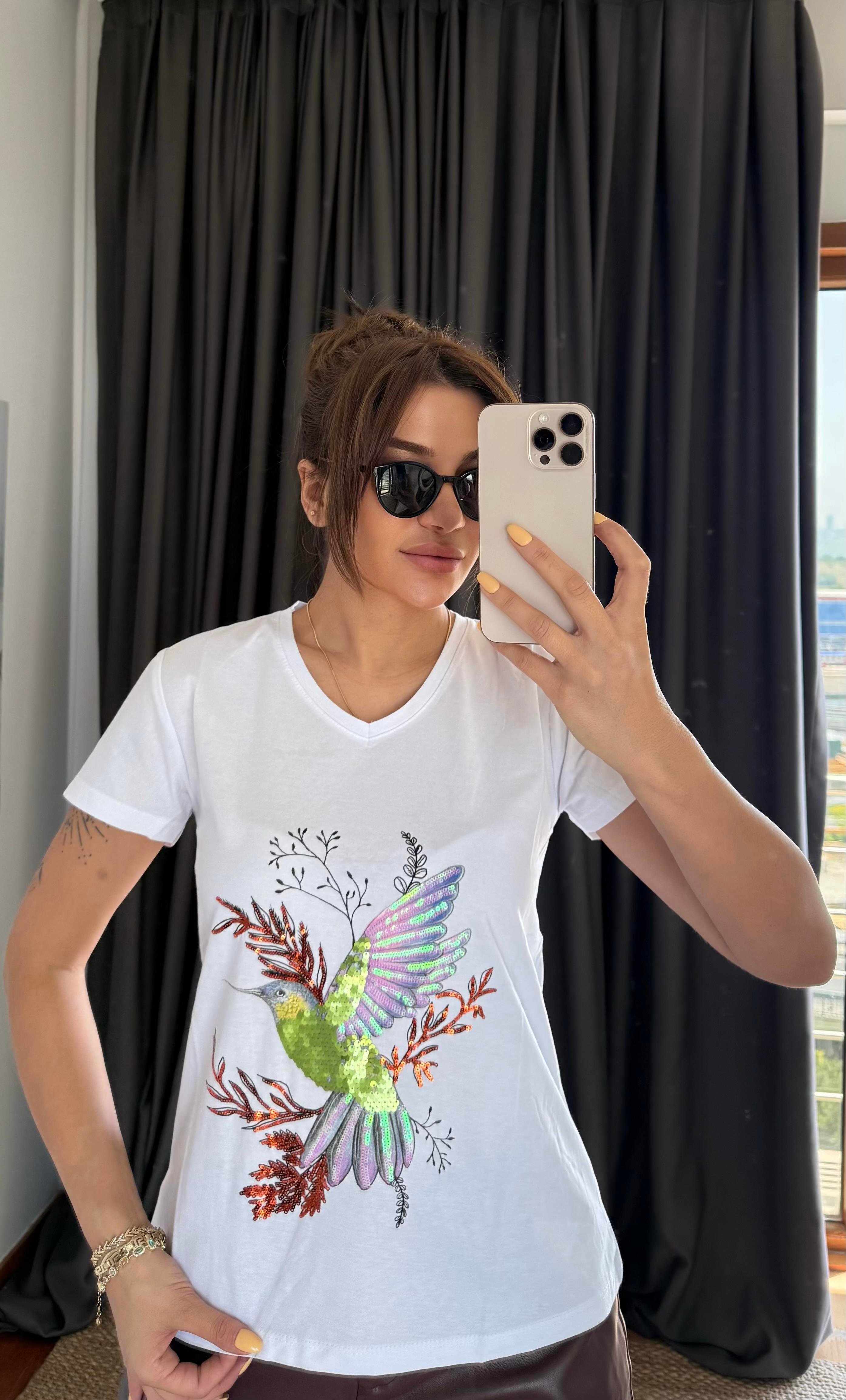 Yeni Sezon %100 Pamuk T-shirt-Kuş Işlemeli