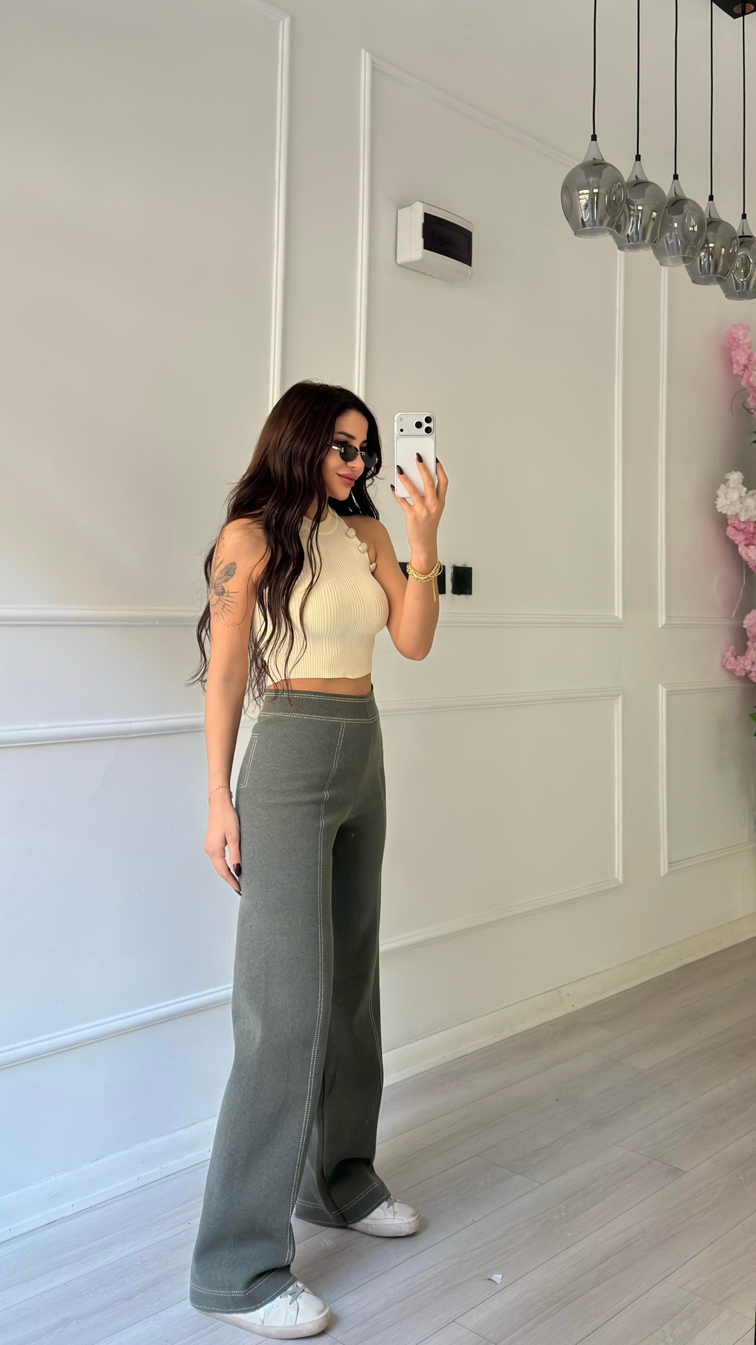 Yeşil Dikişli Geniş Paça Çelik Triko Pantolon