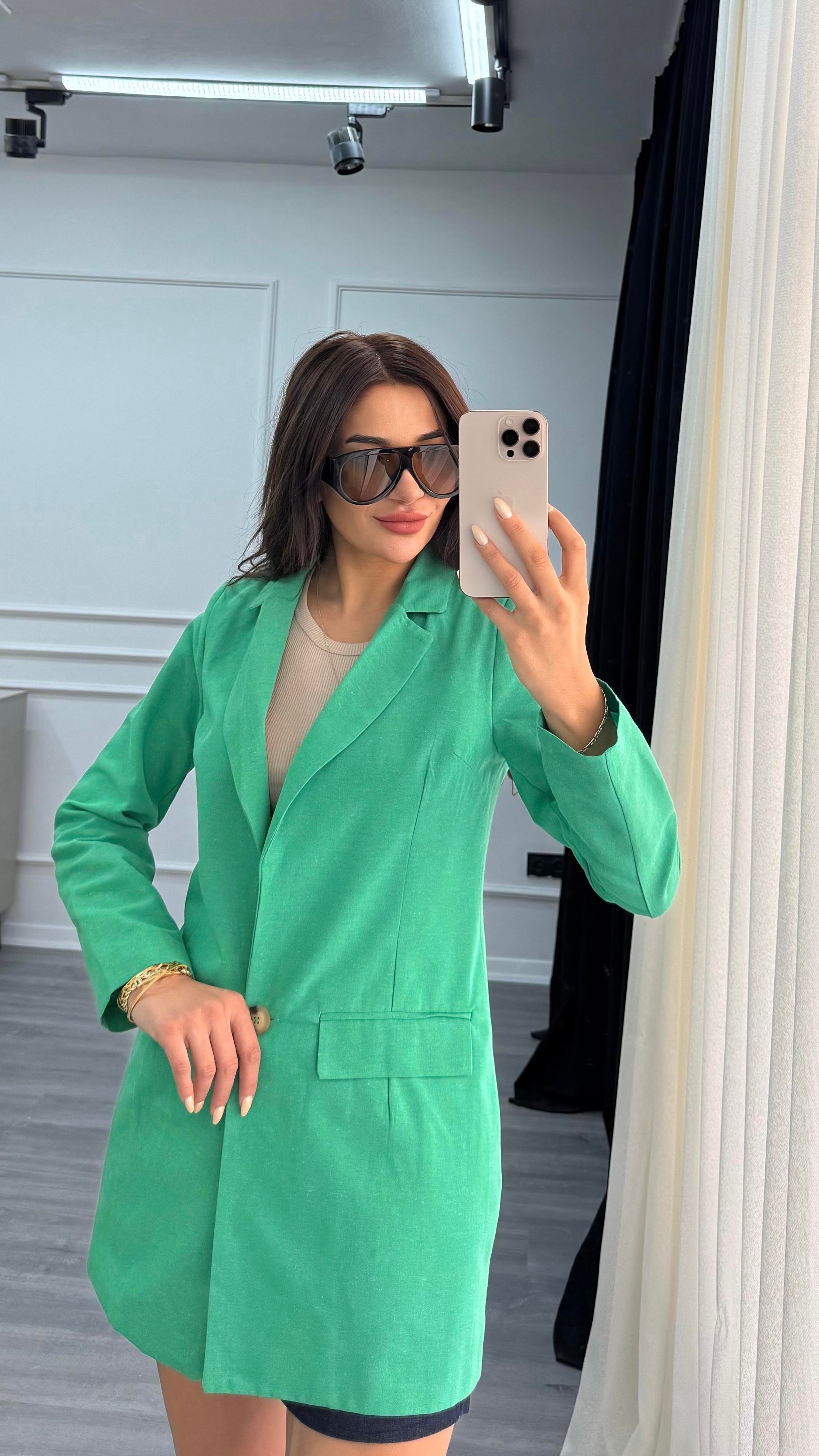 Yeşil Düğmeli Keten Blazer Ceket