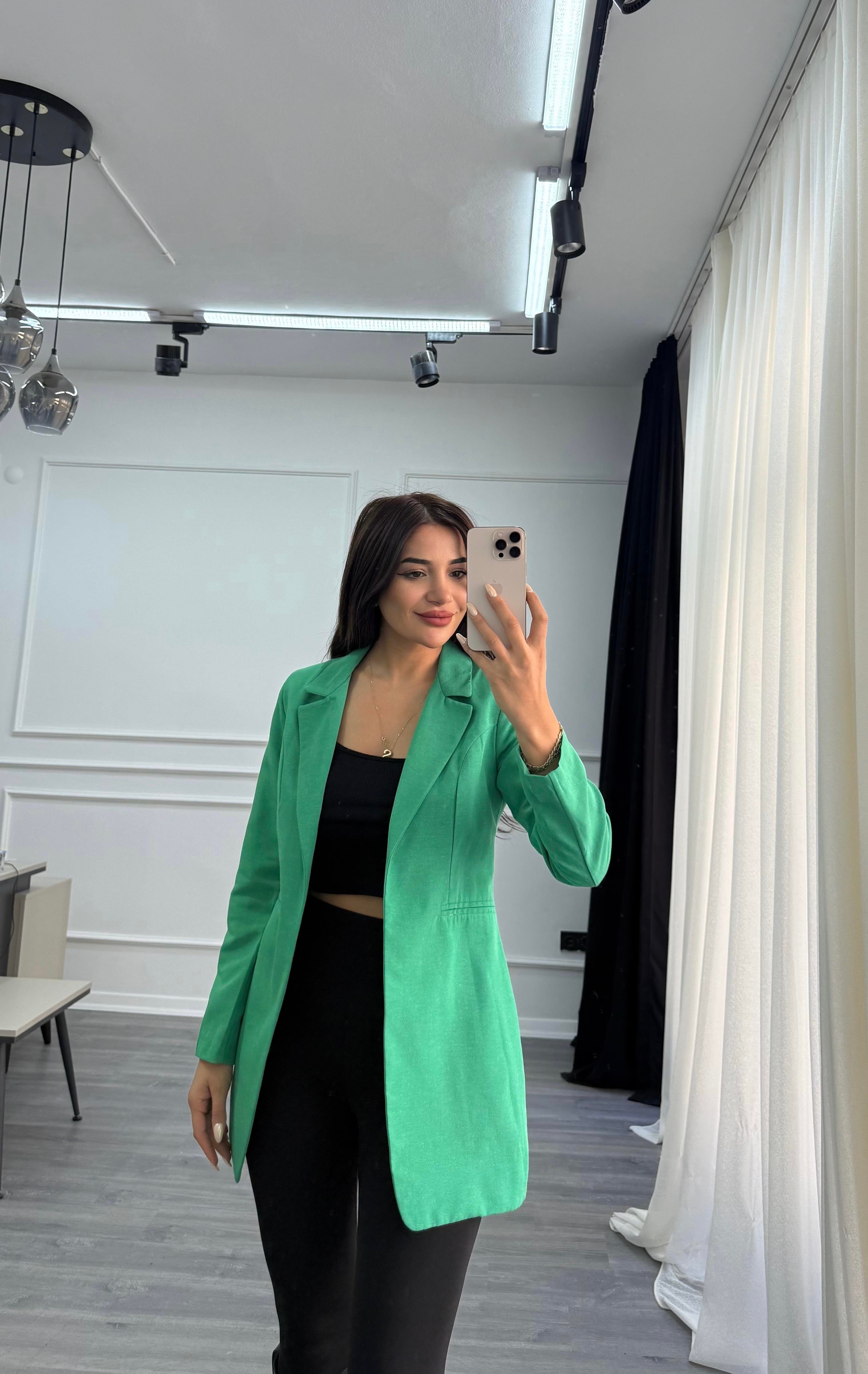 Yeşil Düğmesiz Keten Blazer Ceket