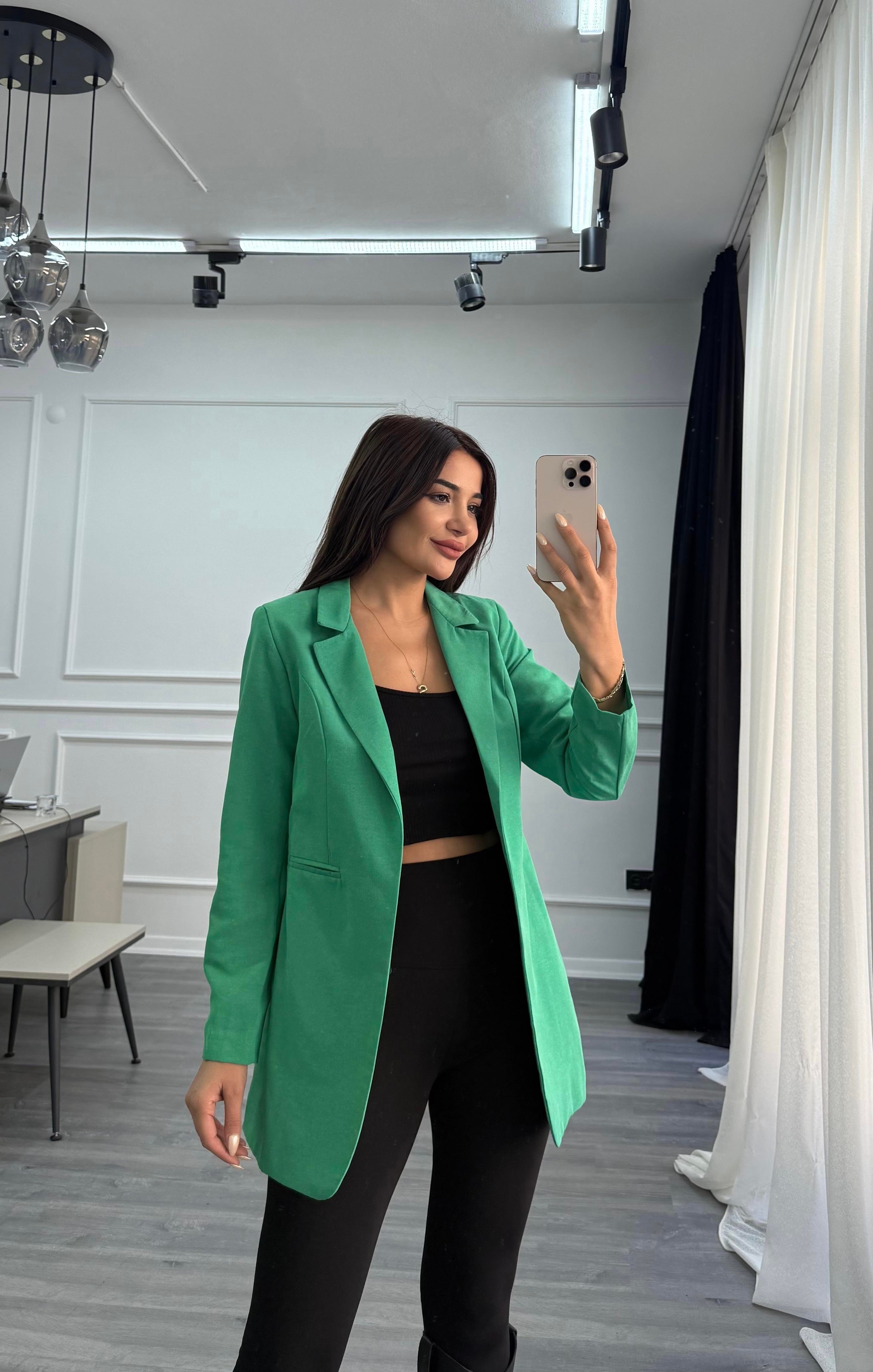 Yeşil Düğmesiz Keten Blazer Ceket