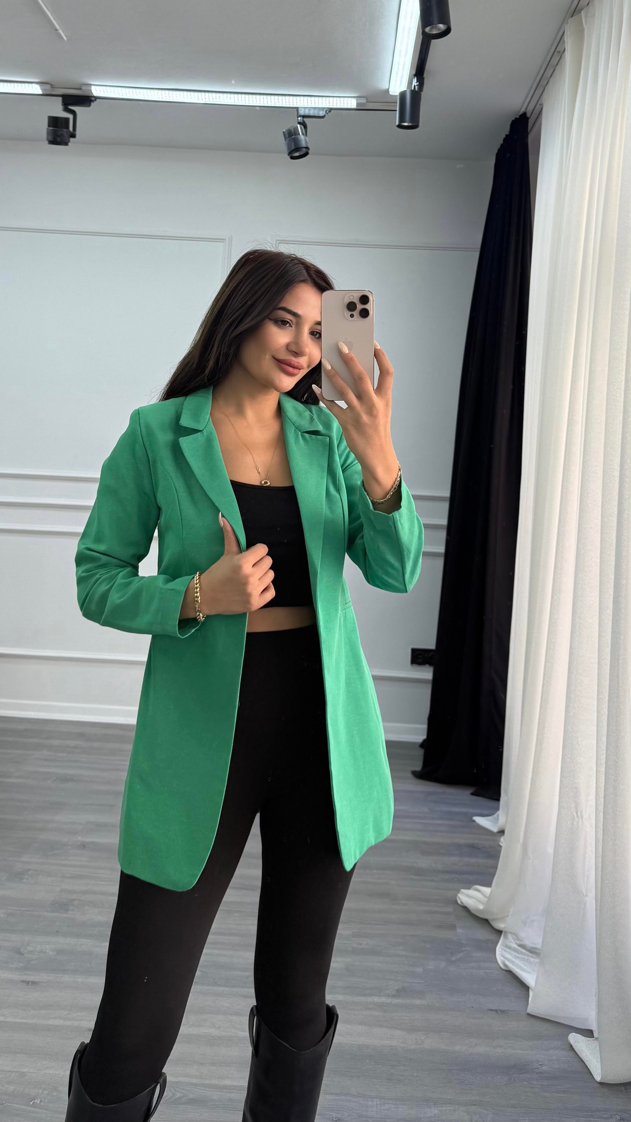 Yeşil Düğmesiz Keten Blazer Ceket