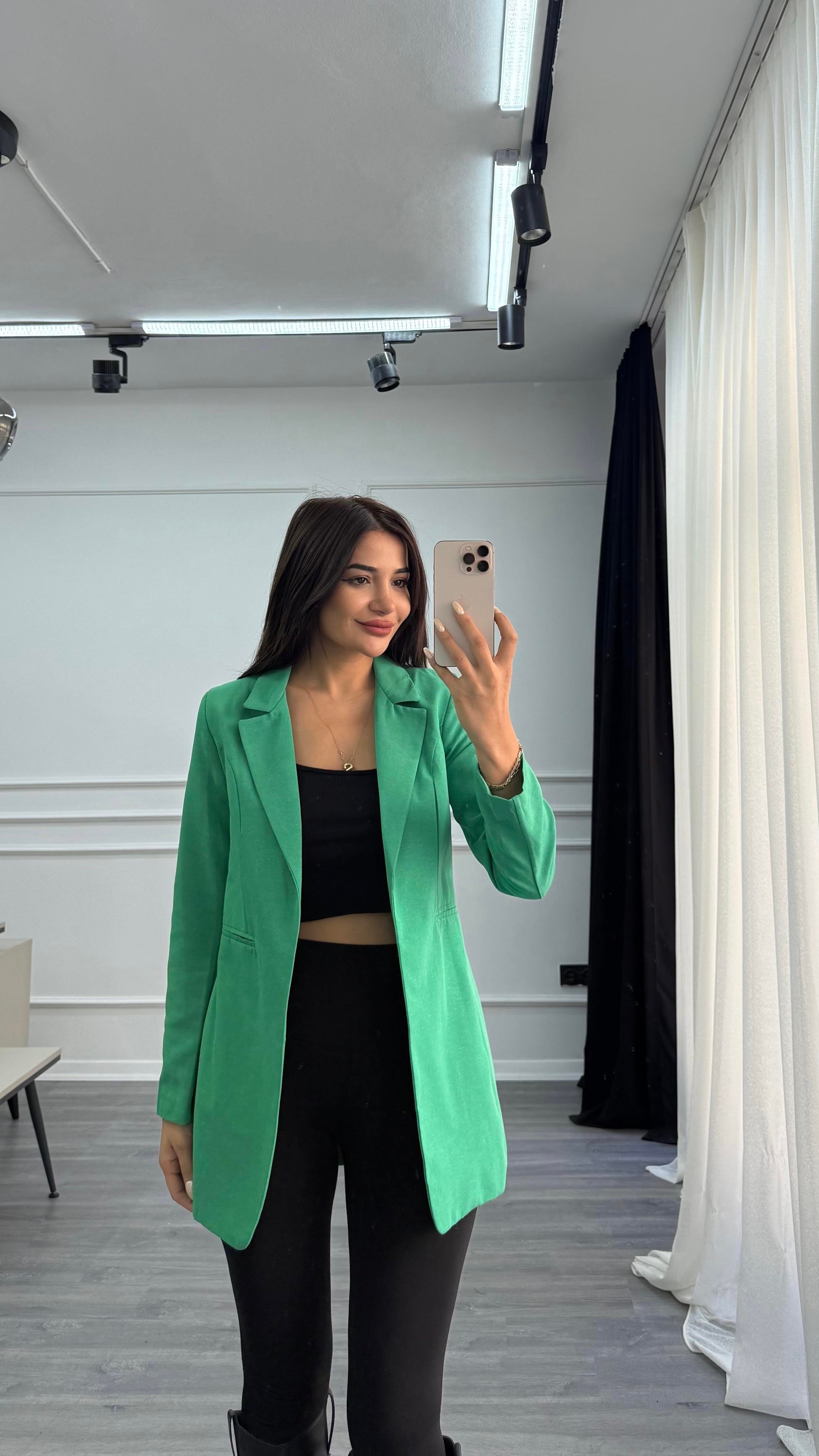 Yeşil Düğmesiz Keten Blazer Ceket