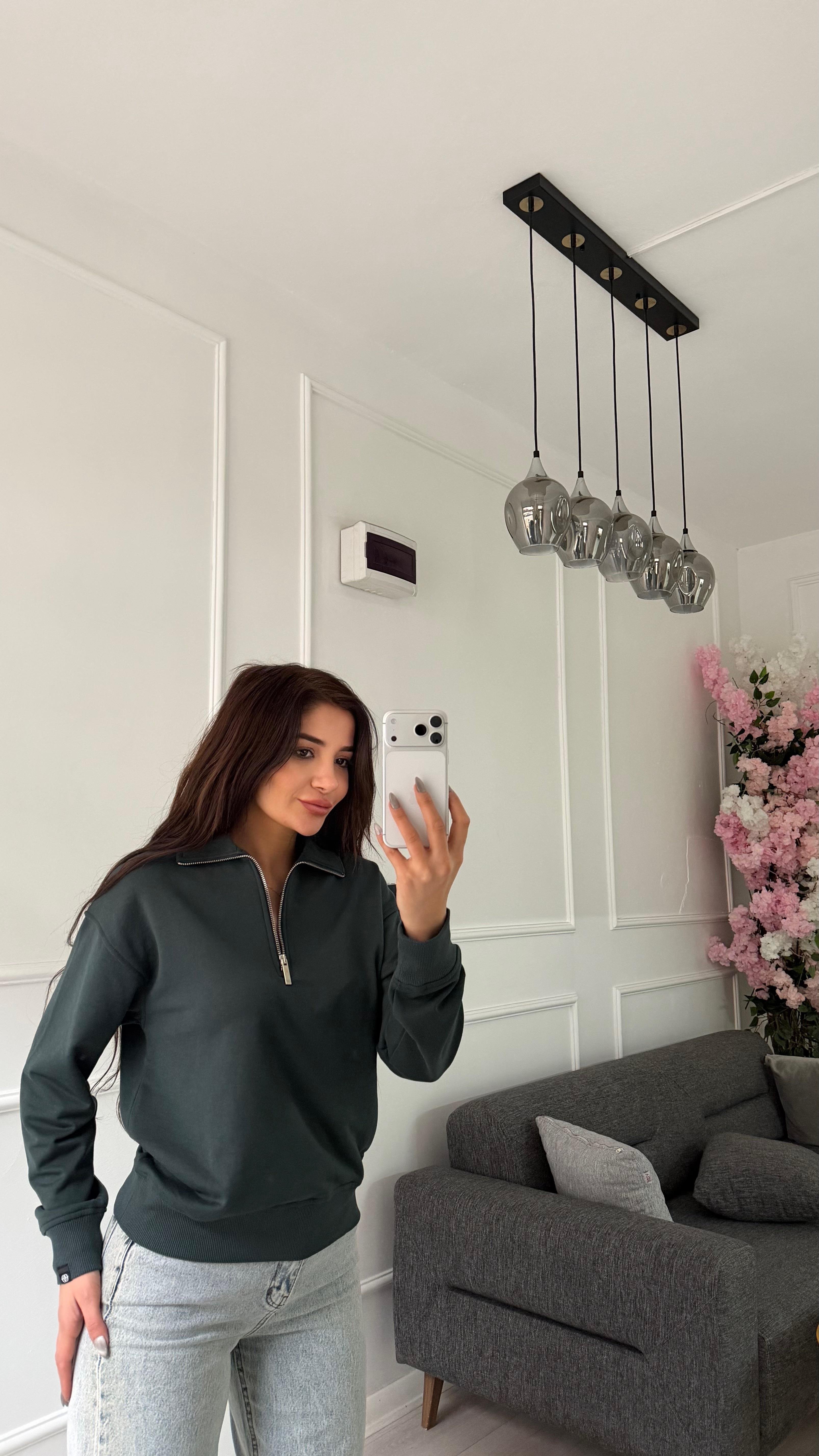 Yeşil Fermuar Detaylı Yaka Swatshirt