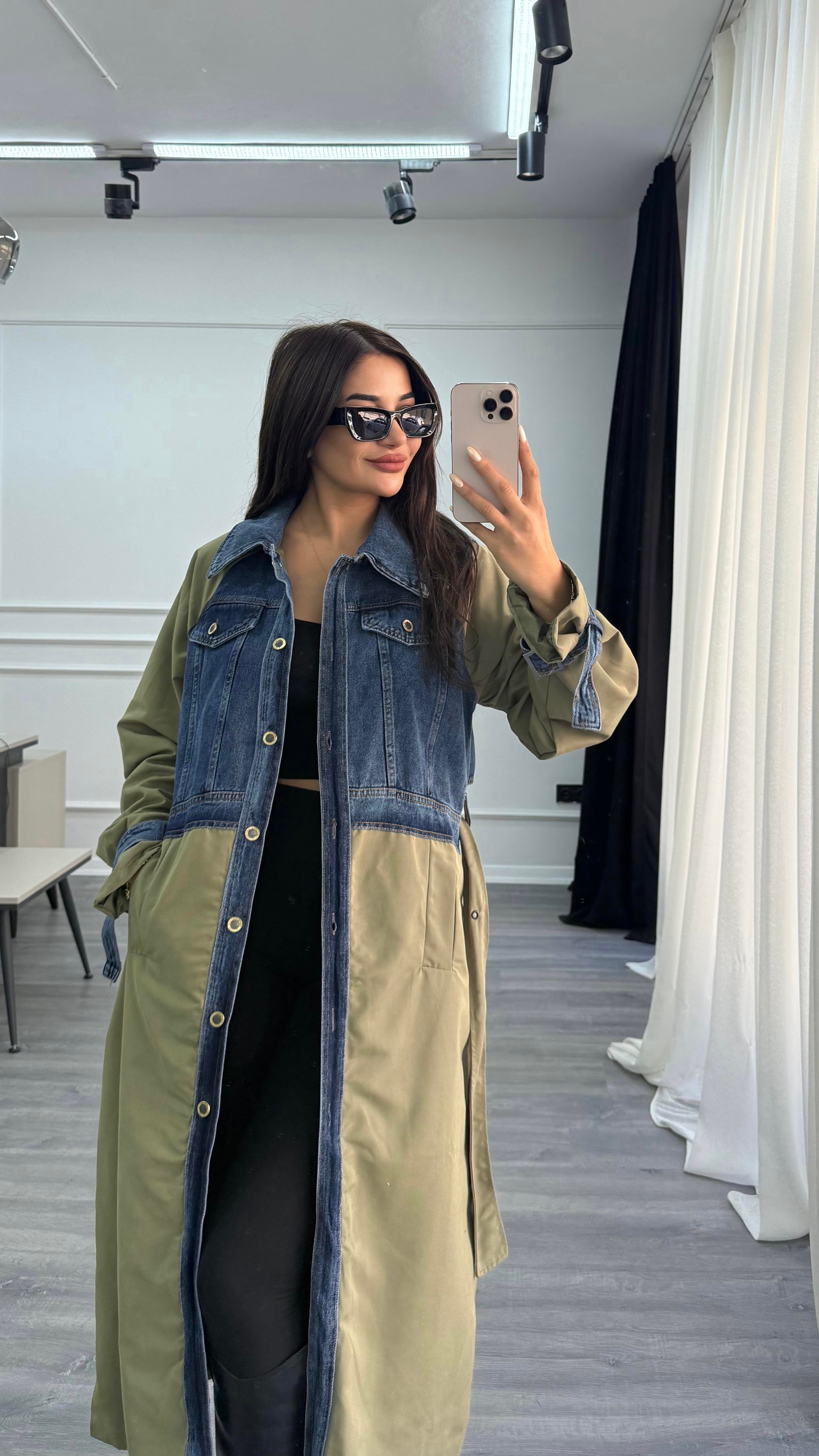 Yeşil Uzun Denim Detaylı Kuşaklı Trençkot