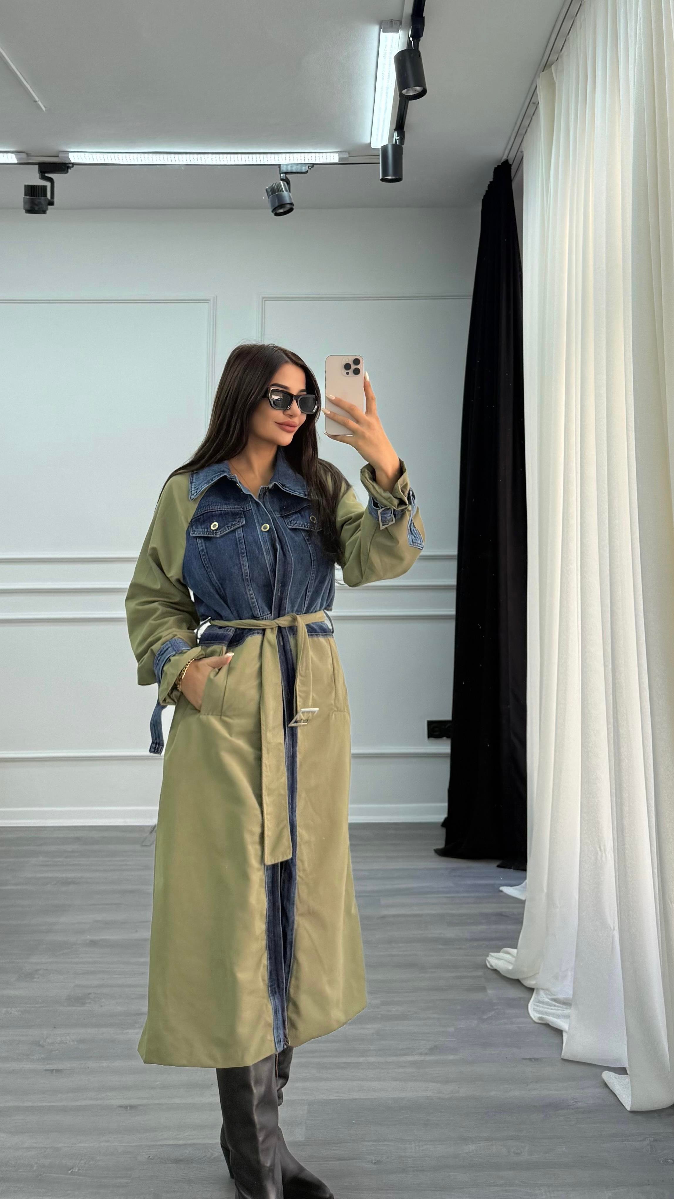 Yeşil Uzun Denim Detaylı Kuşaklı Trençkot
