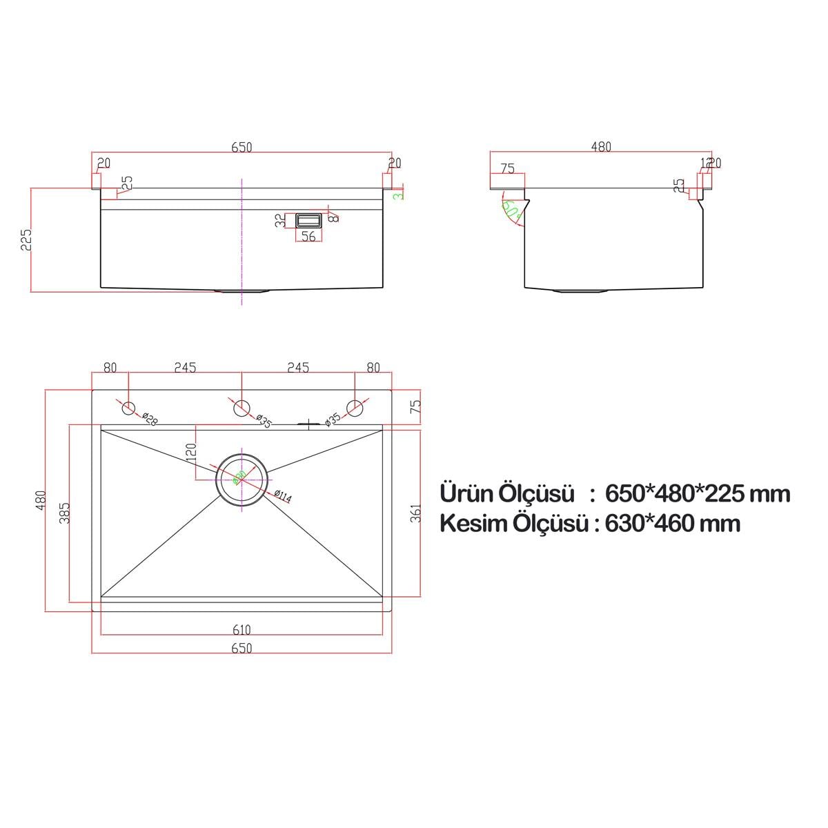 Alia El Yapımı Nano Eviye Seti 65x48 cm Mat Gri (Gun Grey)