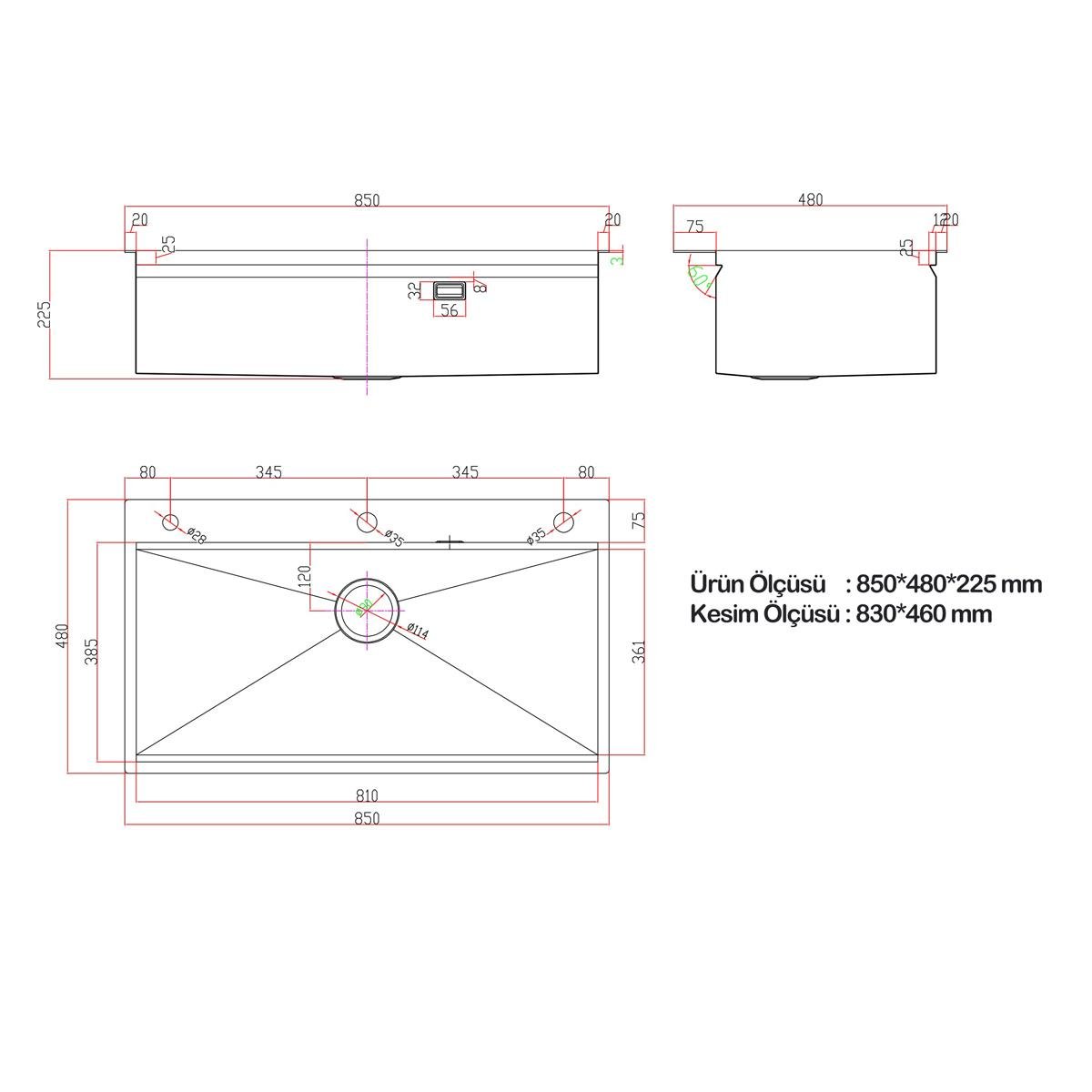 Alia El Yapımı Nano Eviye Seti 85x48 cm Mat Gri (Gun Grey)
