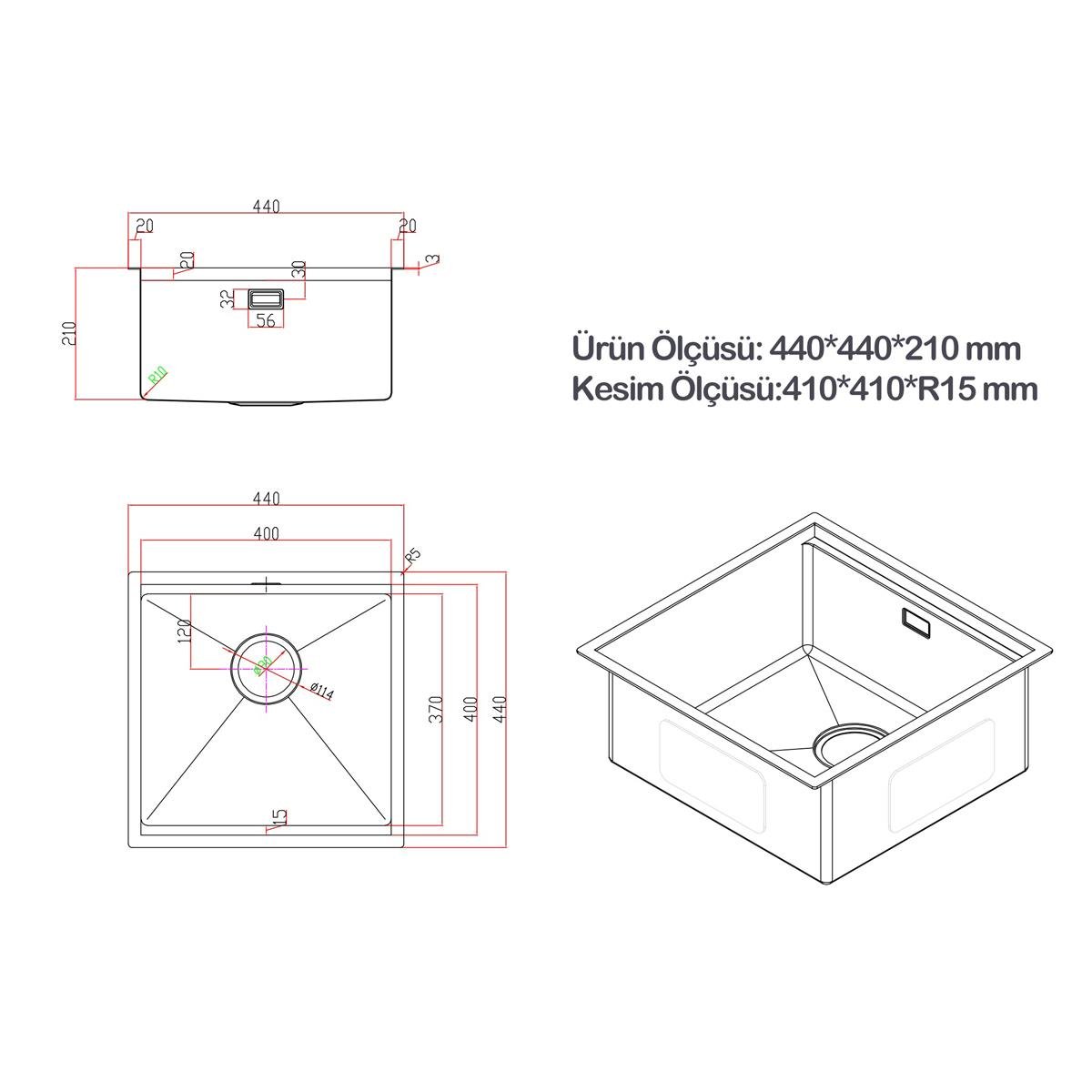 Allure El Yapımı Nano Eviye Seti 44x44 cm Mat Gri (Gun Grey)