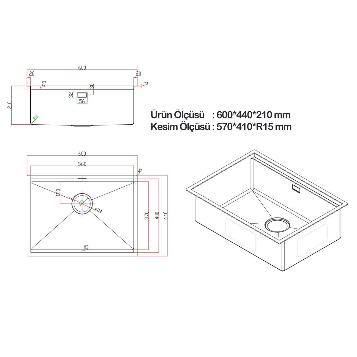 Allure El Yapımı Nano Eviye Seti 60x44 cm Mat Gri (Gun Grey)