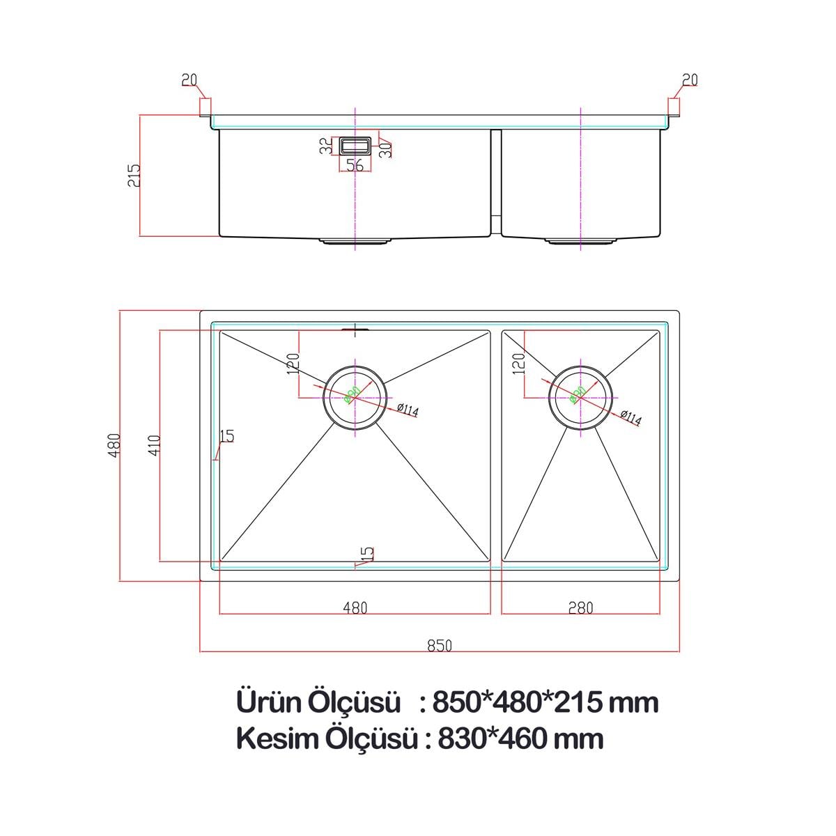 Asola El Yapımı Nano Eviye Seti 85x48 cm Mat Gri (Gun Grey)