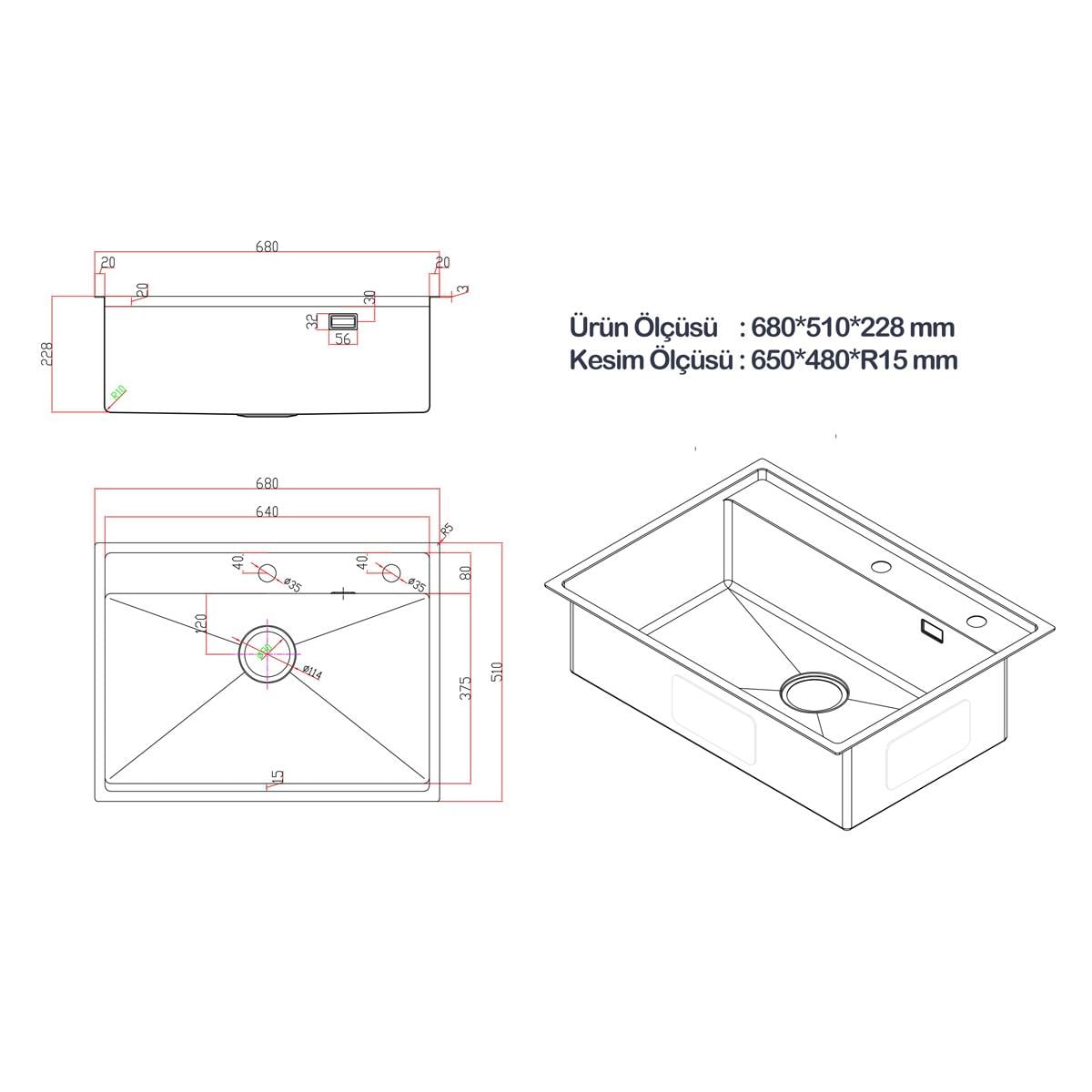 Murano El Yapımı Nano Eviye Seti 68x51 cm Mat Gri (Gun Grey)