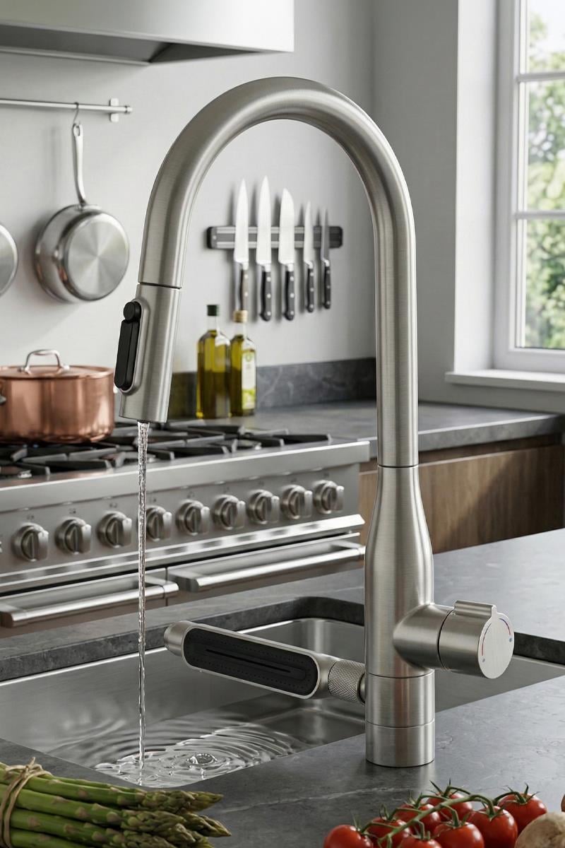 Sauris Spiralli Arıtma Çıkışlı Şelale Eviye Bataryası Brushed Nickel