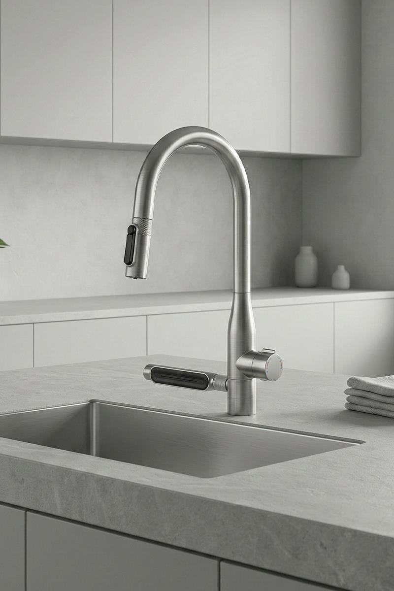 Sauris Spiralli Arıtma Çıkışlı Şelale Eviye Bataryası Brushed Nickel