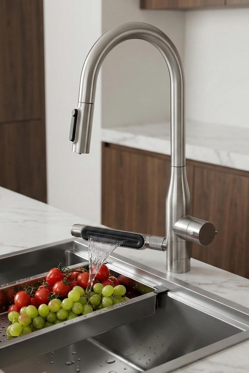Sauris Spiralli Arıtma Çıkışlı Şelale Eviye Bataryası Brushed Nickel