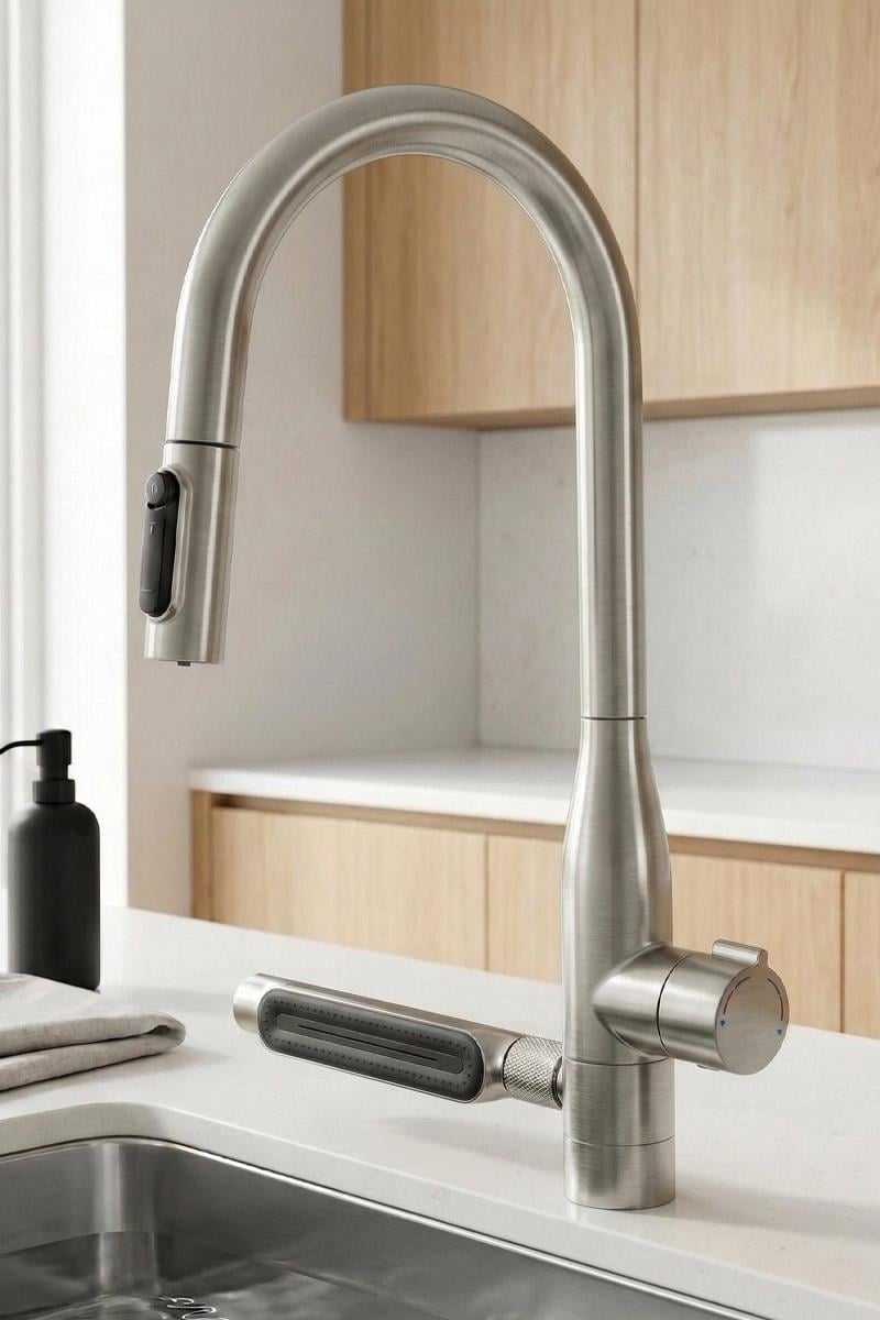 Sauris Spiralli Arıtma Çıkışlı Şelale Eviye Bataryası Brushed Nickel
