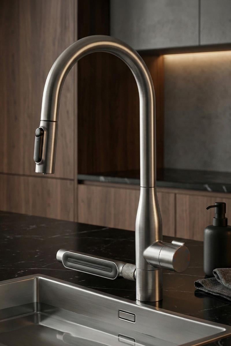 Sauris Spiralli Arıtma Çıkışlı Şelale Eviye Bataryası Brushed Nickel