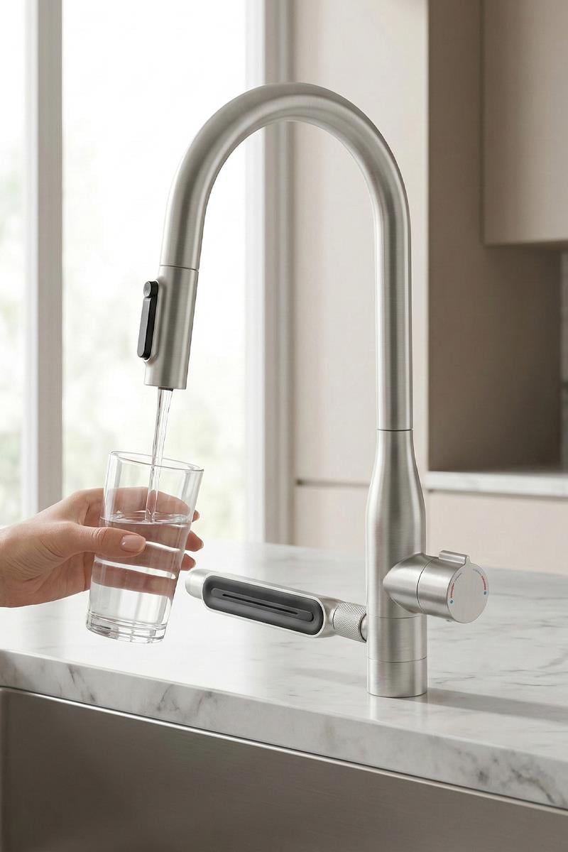 Sauris Spiralli Arıtma Çıkışlı Şelale Eviye Bataryası Brushed Nickel