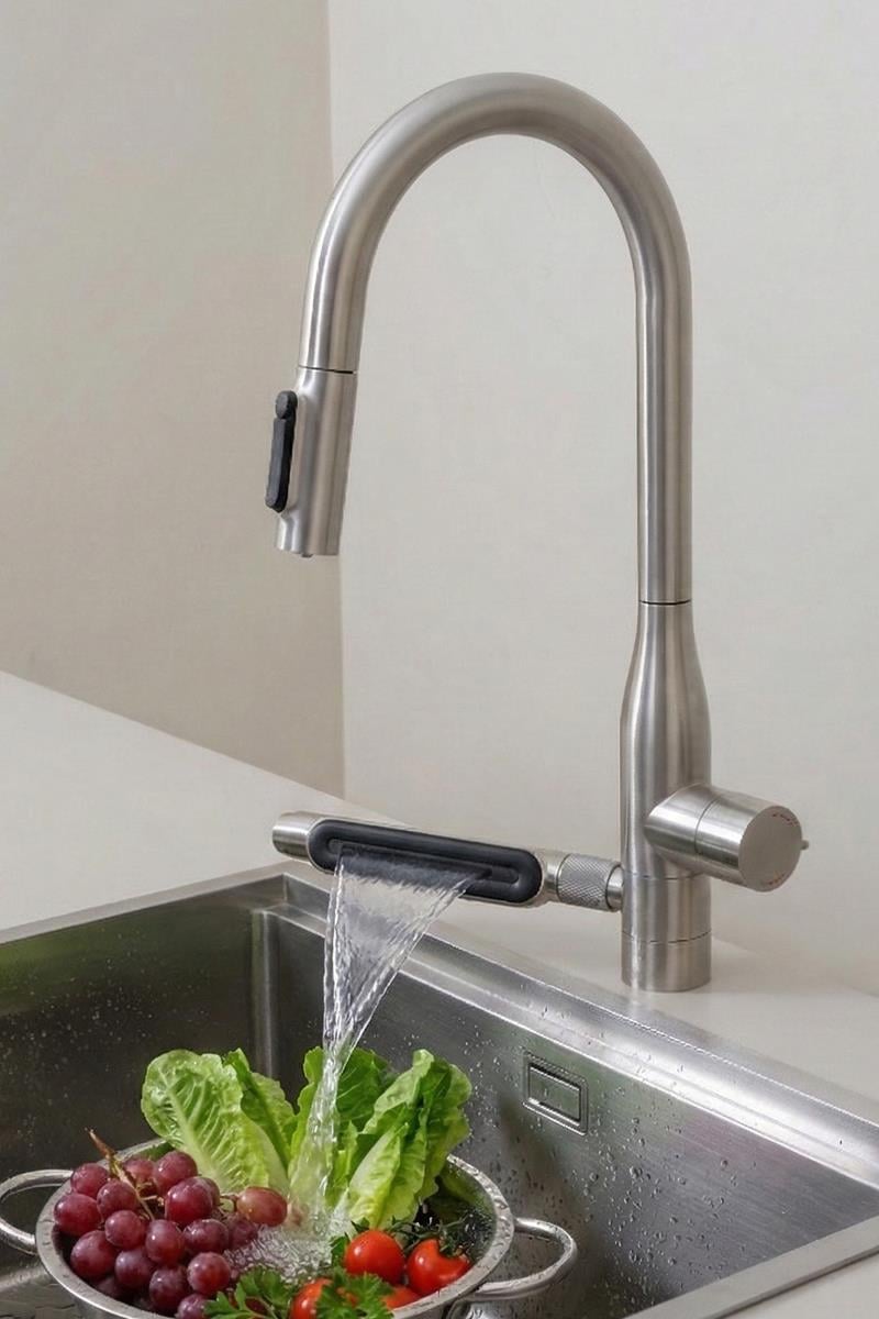 Sauris Spiralli Arıtma Çıkışlı Şelale Eviye Bataryası Brushed Nickel