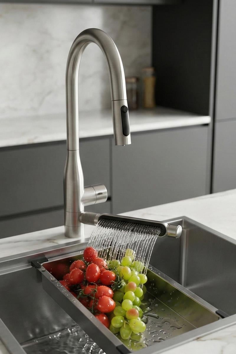 Sauris Spiralli Arıtma Çıkışlı Şelale Eviye Bataryası Brushed Nickel