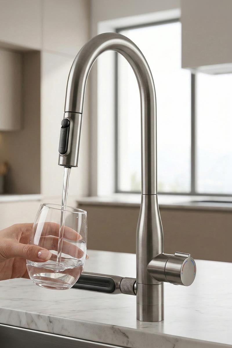 Sauris Spiralli Arıtma Çıkışlı Şelale Eviye Bataryası Brushed Nickel
