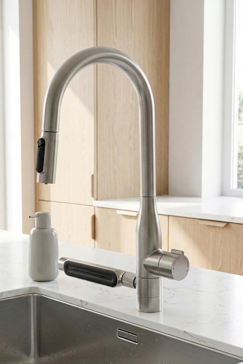 Sauris Spiralli Arıtma Çıkışlı Şelale Eviye Bataryası Brushed Nickel