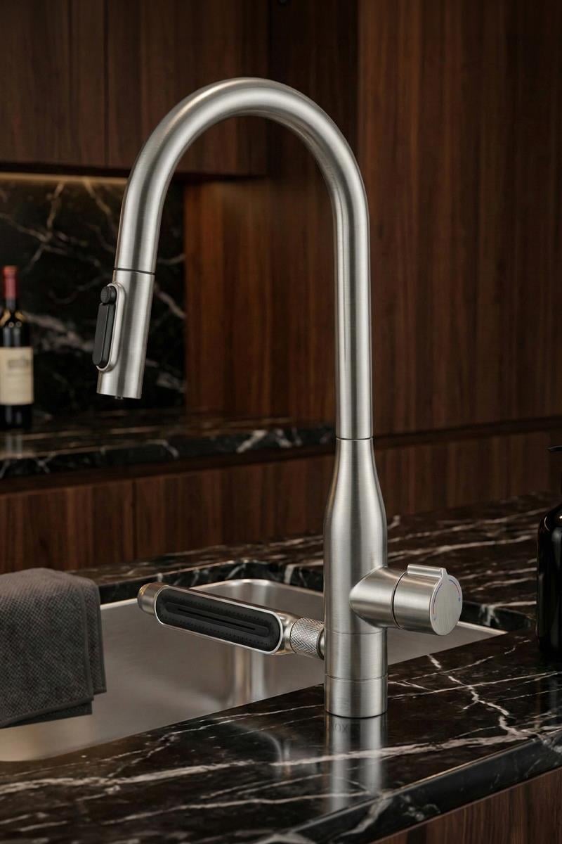 Sauris Spiralli Arıtma Çıkışlı Şelale Eviye Bataryası Brushed Nickel