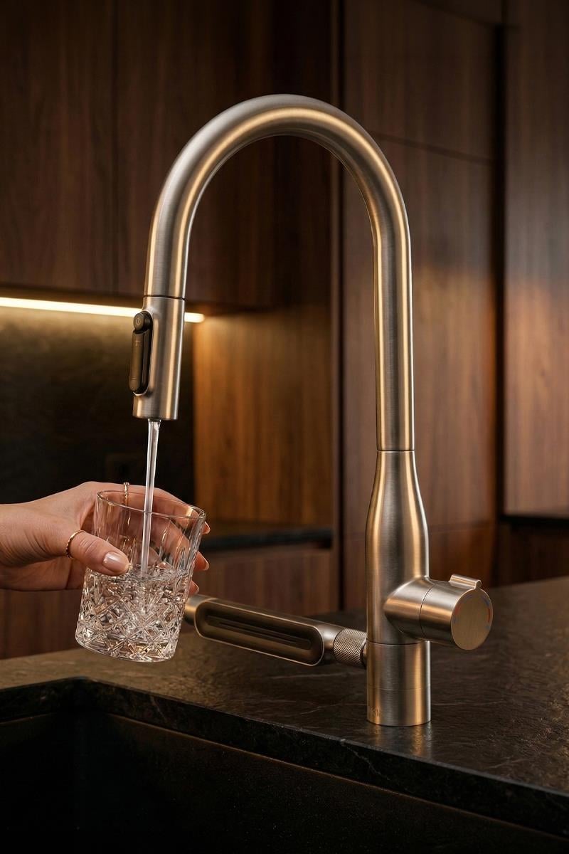 Sauris Spiralli Arıtma Çıkışlı Şelale Eviye Bataryası Brushed Nickel
