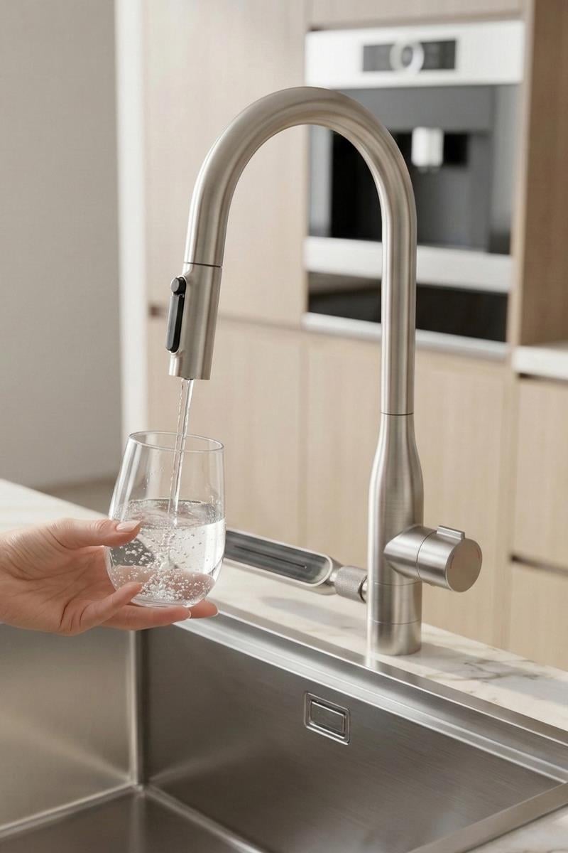 Sauris Spiralli Arıtma Çıkışlı Şelale Eviye Bataryası Brushed Nickel