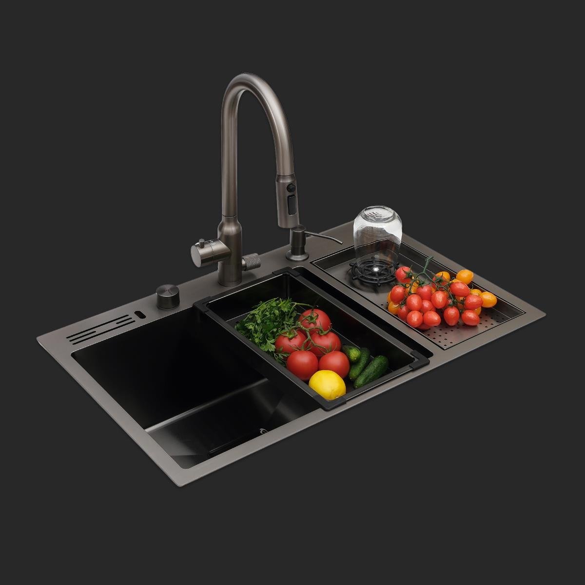 Valle El Yapımı PVD Eviye Seti 76x48 cm Siyah (Black)
