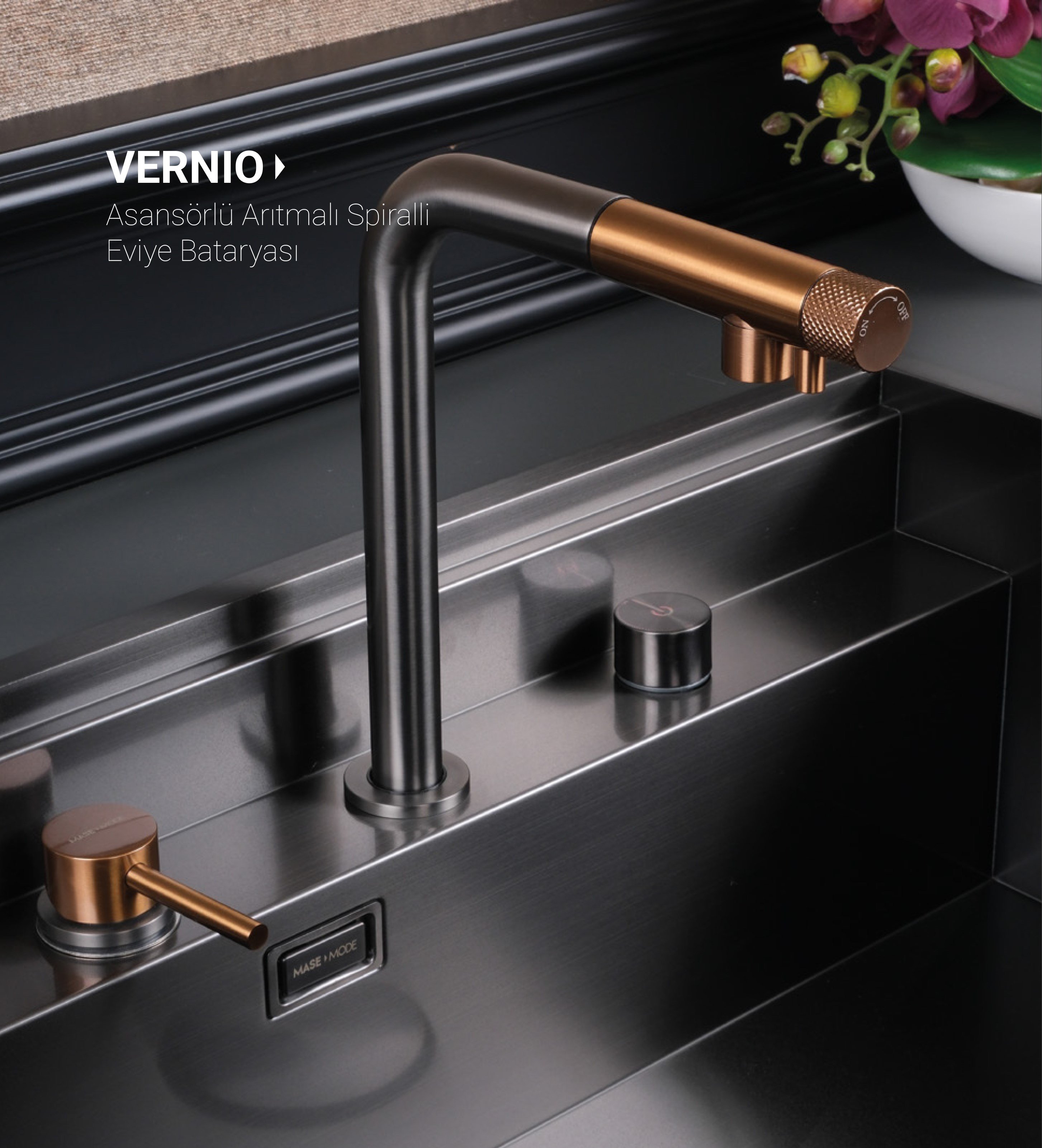 Vernio Asansörlü Arıtmalı Spiralli Eviye Bataryası Gun Grey + Rose Gold