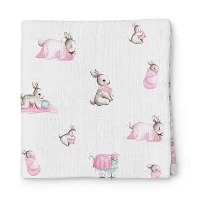 Deux  Lapins Bébé Lapin Müslin Rose Bebek Örtü 120x120 Müslin