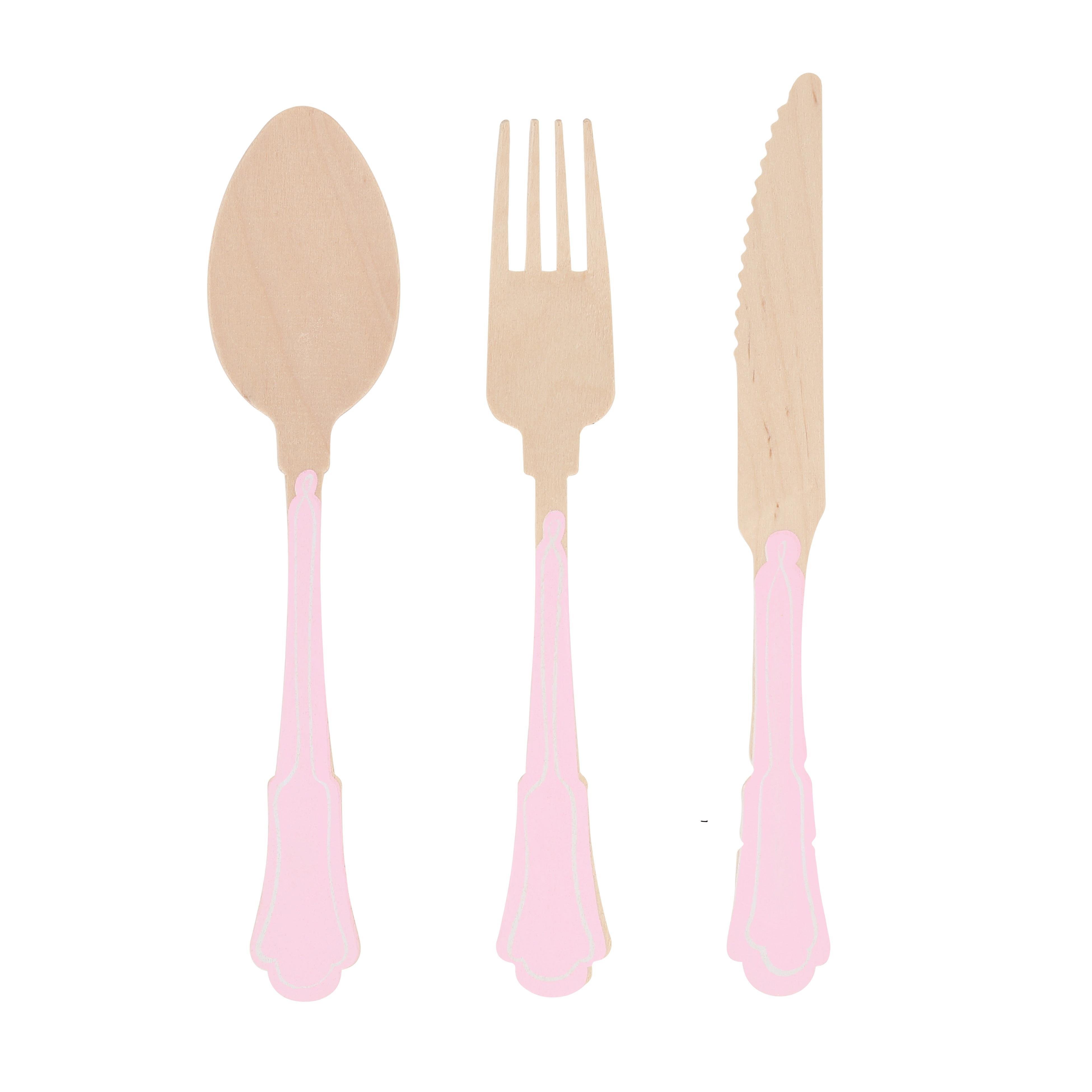 Meri Meri - Ahşap Çatal-Kaşık-Bıçak Set - Pembe Çizgili - 24 Adet