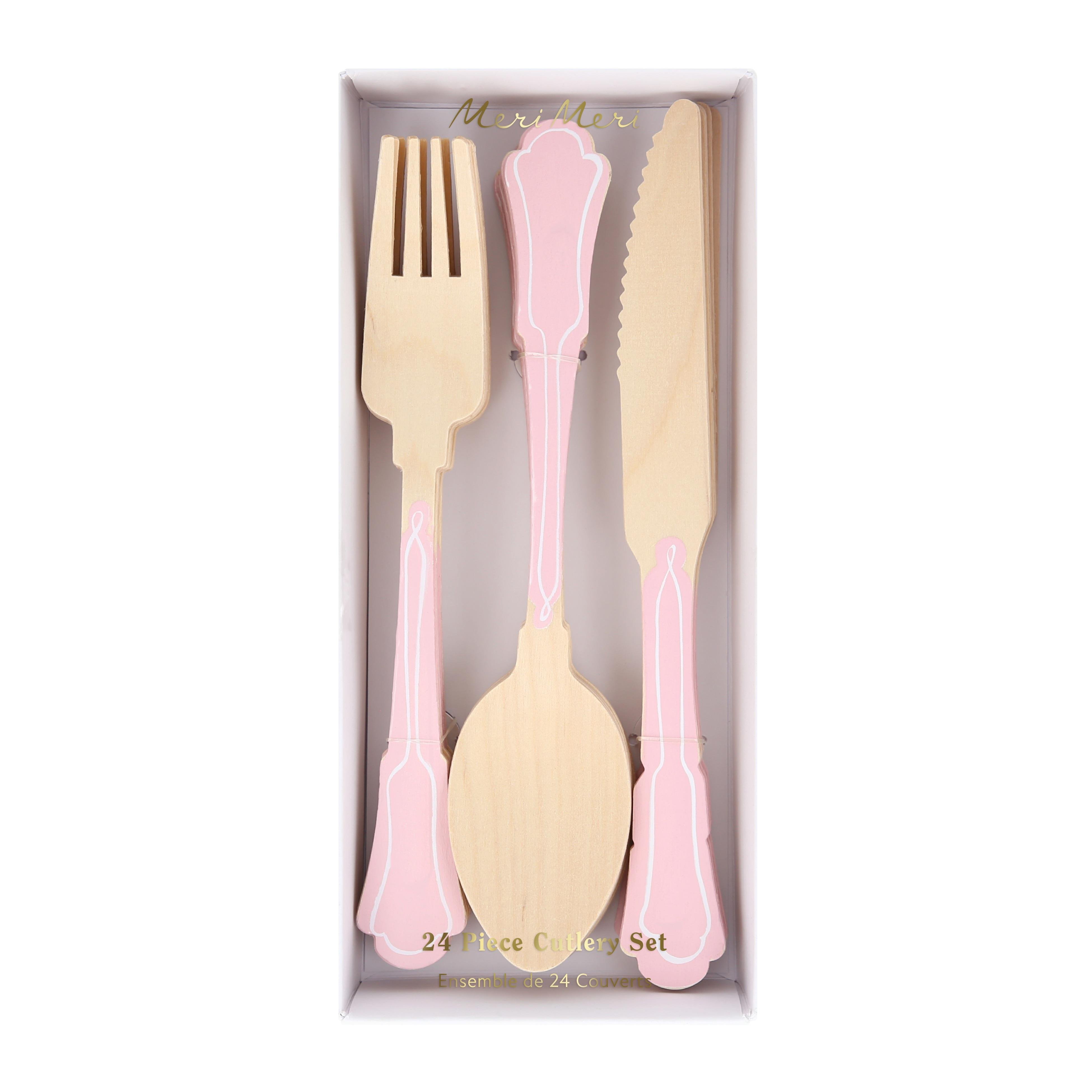 Meri Meri - Ahşap Çatal-Kaşık-Bıçak Set - Pembe Çizgili - 24 Adet