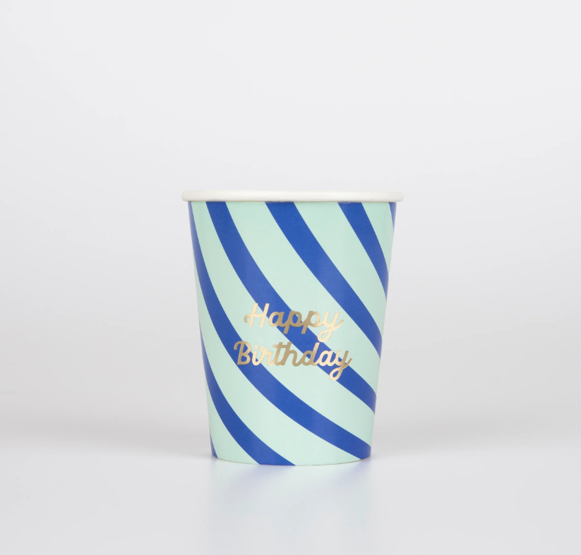 Meri Meri - Çizgili Happy Birtdhay Bardaklar - 8 Adet