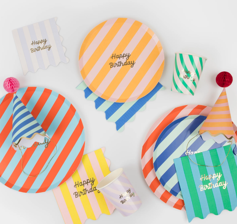 Meri Meri - Çizgili Happy Birtdhay Bardaklar - 8 Adet