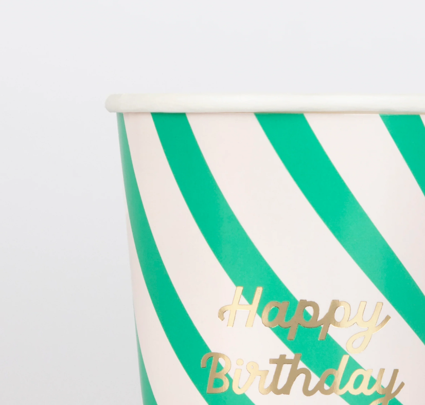 Meri Meri - Çizgili Happy Birtdhay Bardaklar - 8 Adet