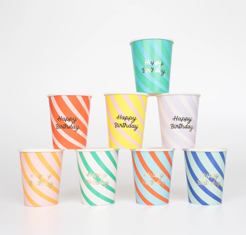 Meri Meri - Çizgili Happy Birtdhay Bardaklar - 8 Adet