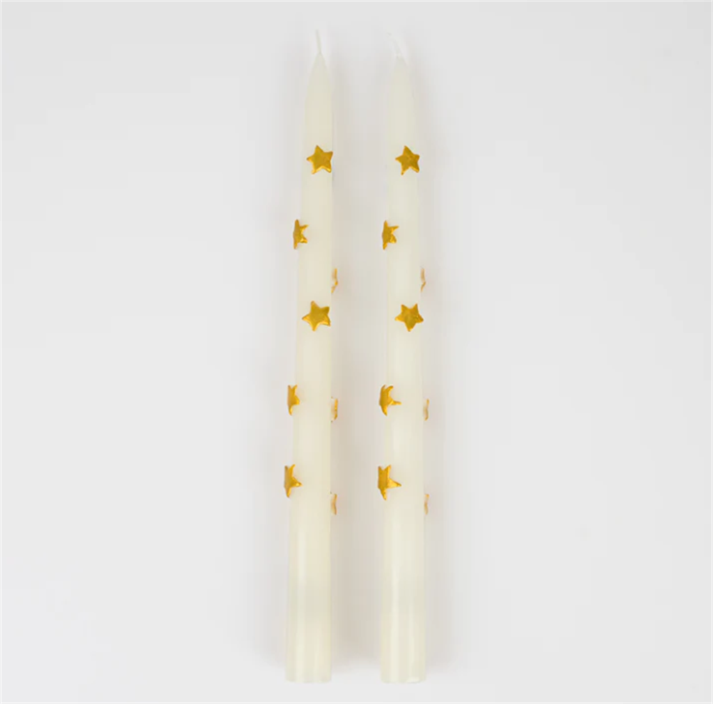 Meri Meri - Gold Star Taper Candle - Altın Yıldız Detaylı Mumlar (2'li)
