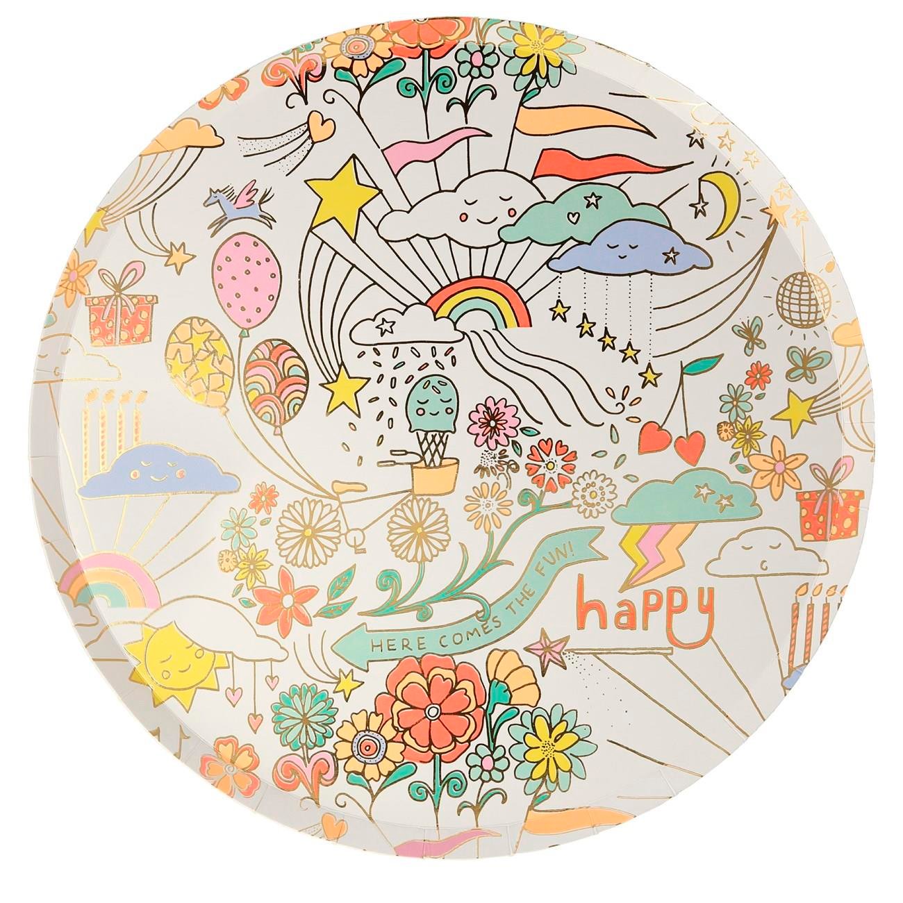 Meri Meri - Happy Doodle Plates - Renkli Doodle Tabak - 8'li