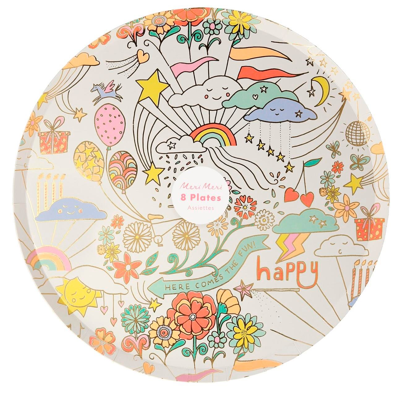 Meri Meri - Happy Doodle Plates - Renkli Doodle Tabak - 8'li