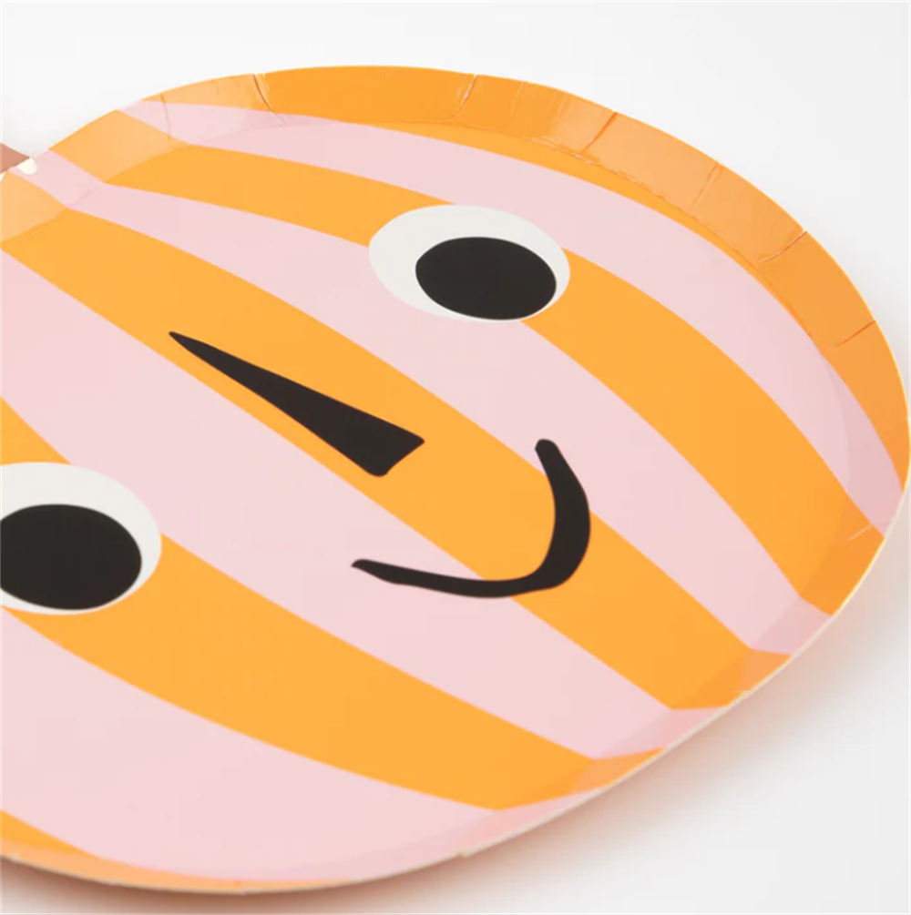 Meri Meri - Pink & Orange Stripy Pumpkin Plates - Pembe & Turuncu Çizgili Balkabağı Tabaklar (8'li)