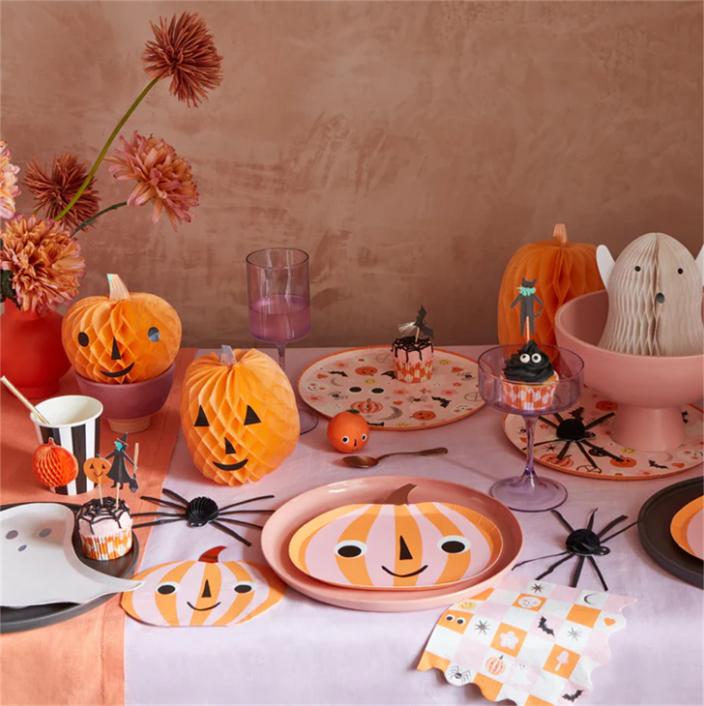 Meri Meri - Pink & Orange Stripy Pumpkin Plates - Pembe & Turuncu Çizgili Balkabağı Tabaklar (8'li)
