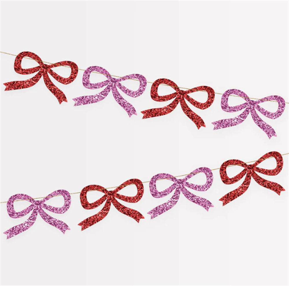 Meri Meri - Red & Pink Glitter Bow Garland - Kırmızı & Pembe Parıltılı Kurdele Asılan Süs
