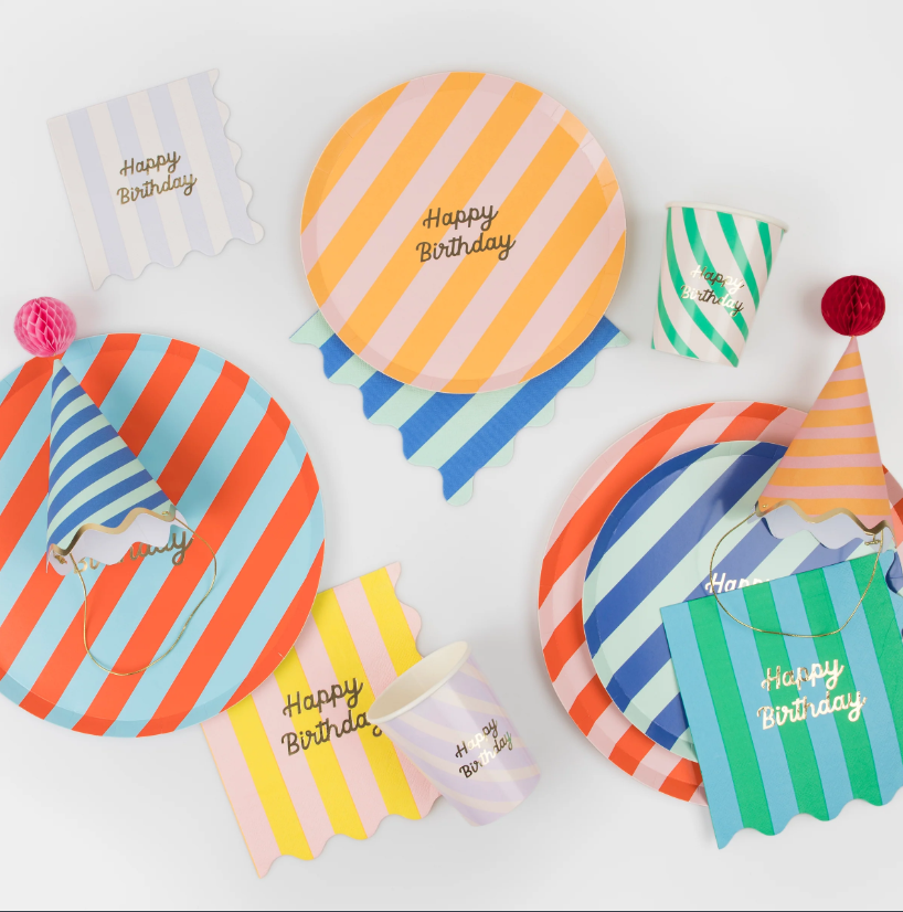 Meri Meri - Stripe Happy Birthday Large Napkins - Çizgili Happy Birthday Peçeteler (L) (x16)